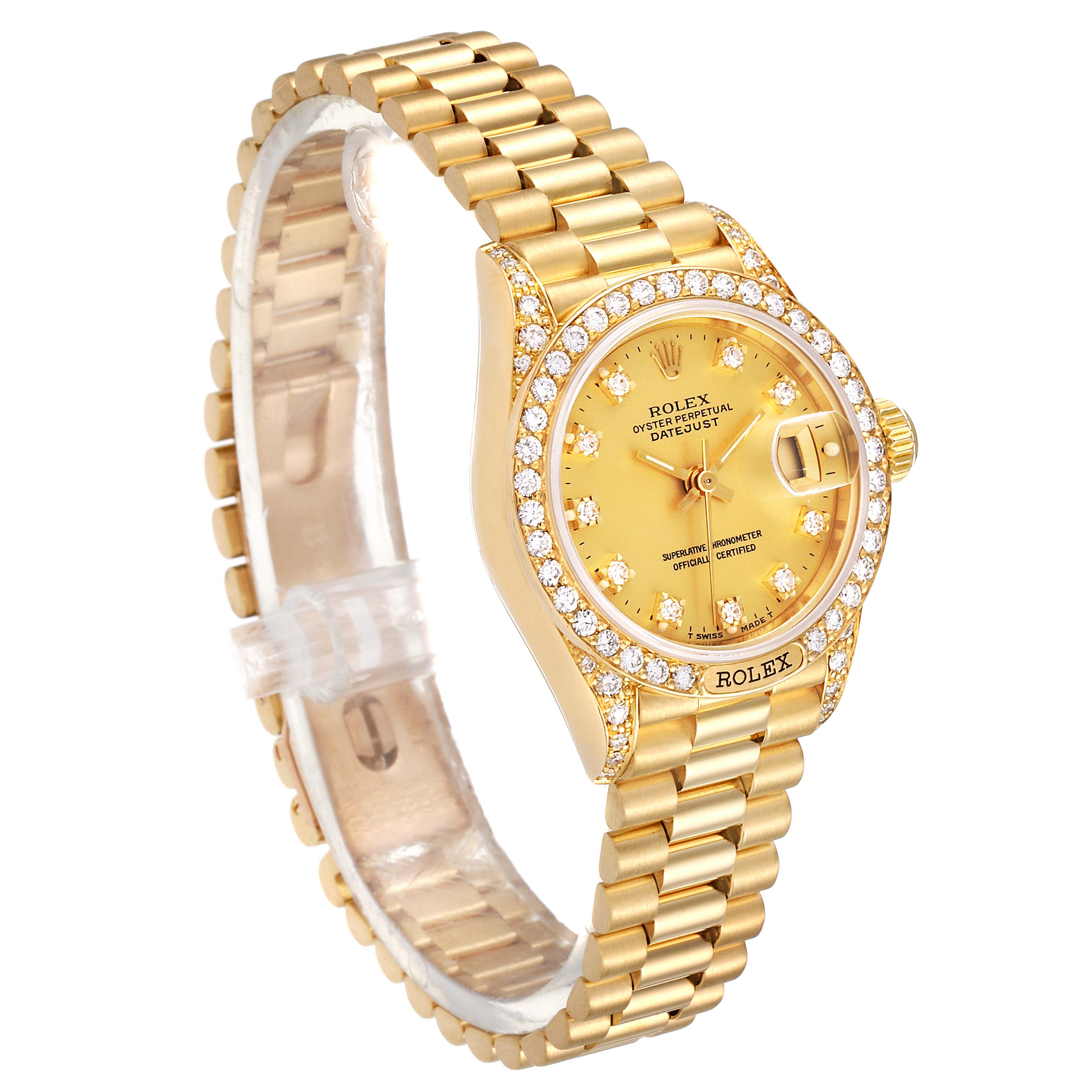 This image shows a side angle of a gold Rolex President 69158 Women
s Yellow Gold Champagne Dial 69158 Women
s Yellow Gold Champagne Dial model watch, displaying its face, bezel, band, and crown.