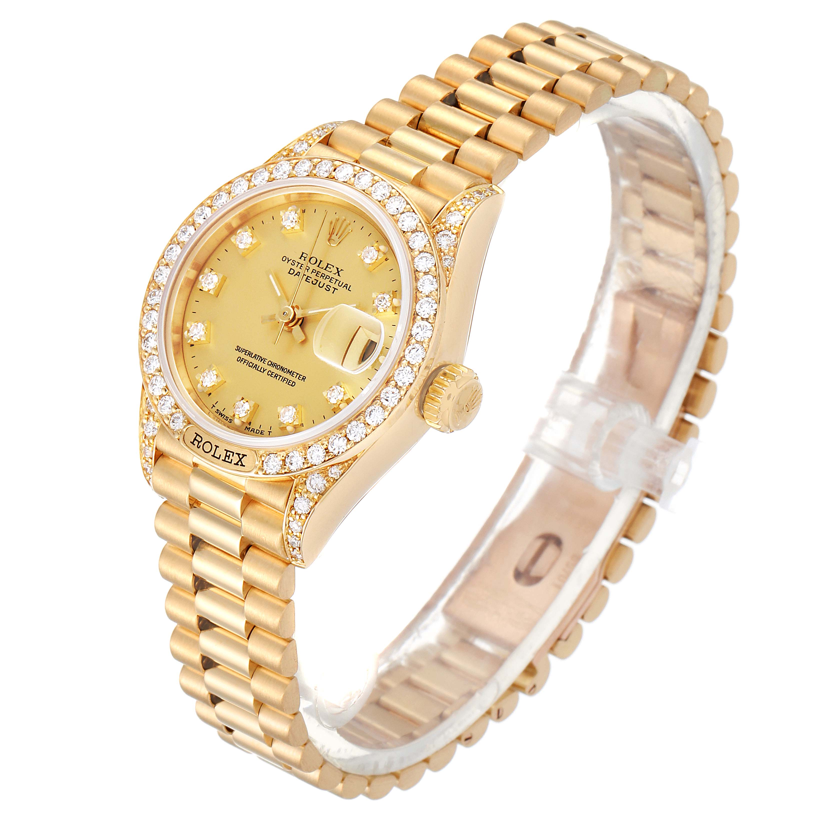 The image shows a Rolex President 69158 Women
s Yellow Gold Champagne Dial 69158 Women
s Yellow Gold Champagne Dial model watch angled to display the face, bezel, crown, and bracelet.