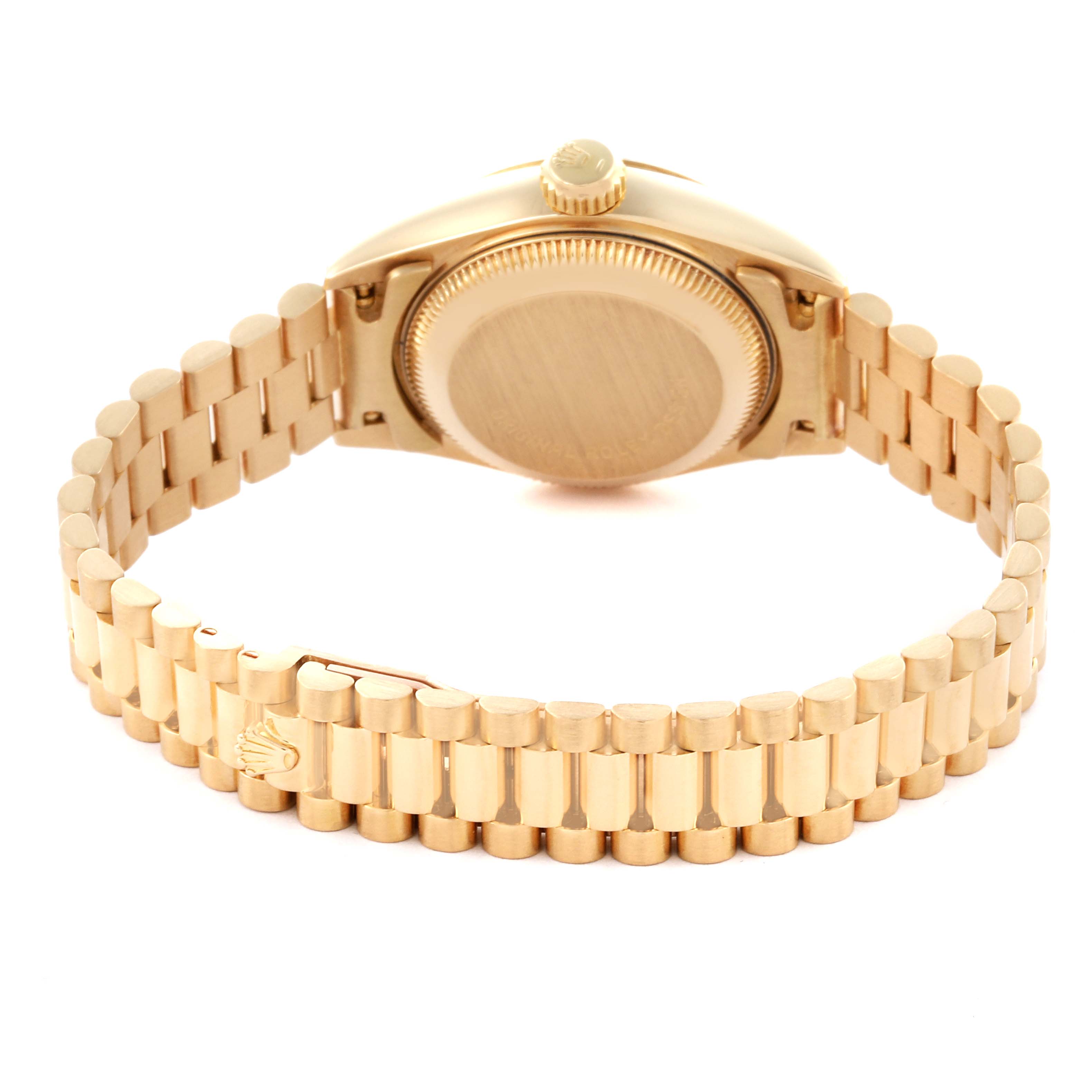 The image shows the back view of a Rolex President 69178 Women's Yellow Gold Champagne Dial 69178 Women's Yellow Gold Champagne Dial watch, highlighting the bracelet and case back.
