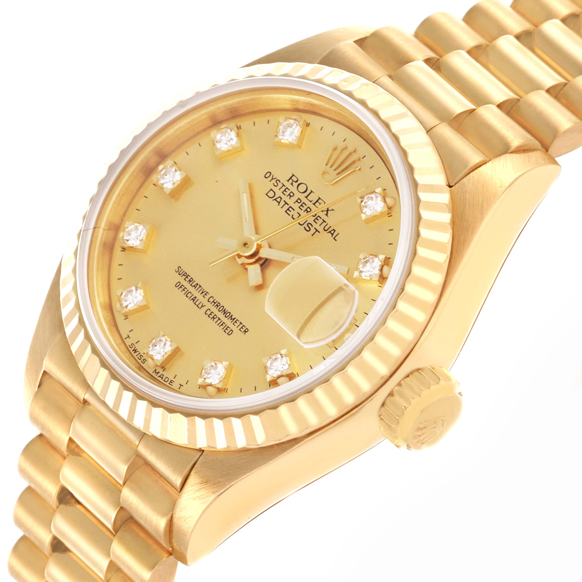 The Rolex President 69178 Women's Yellow Gold Champagne Dial 69178 Women's Yellow Gold Champagne Dial watch is shown at a slight angle, highlighting the face, crown, and part of the bracelet.