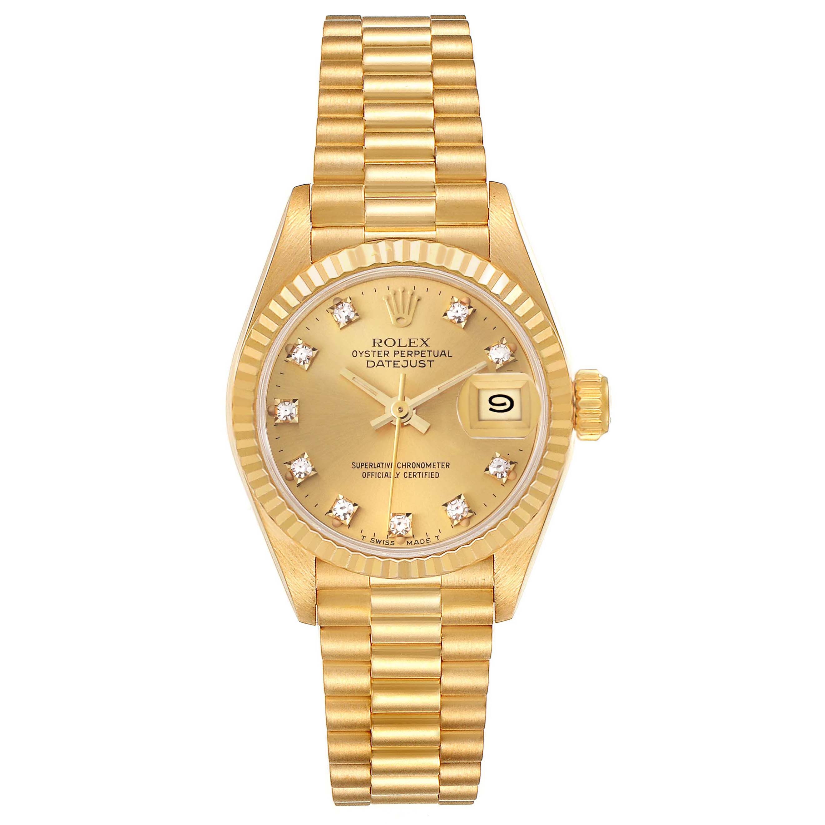 The Rolex President 69178 Women's Yellow Gold Champagne Dial 69178 Women's Yellow Gold Champagne Dial watch is shown from a front view, highlighting its gold dial, fluted bezel, and bracelet.