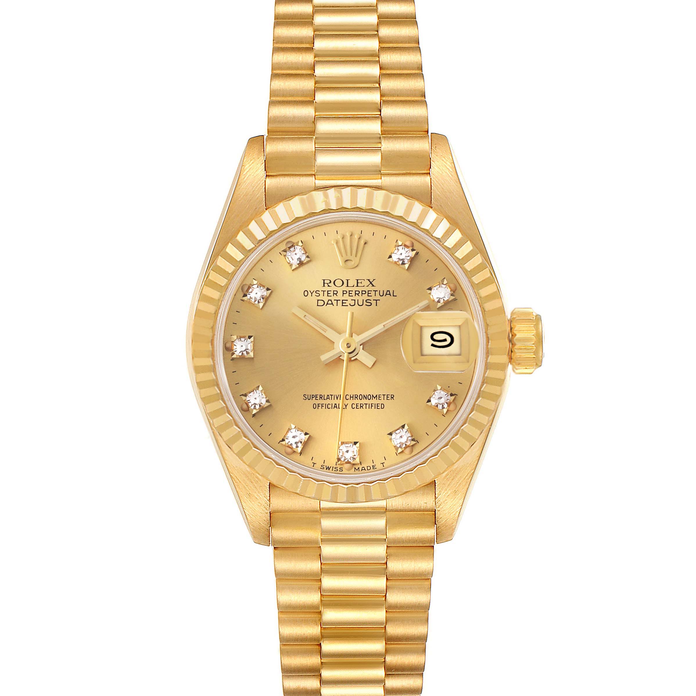 The Rolex President 69178 Women's Yellow Gold Champagne Dial 69178 Women's Yellow Gold Champagne Dial model watch is shown from the front, displaying its gold case, dial, fluted bezel, and bracelet.