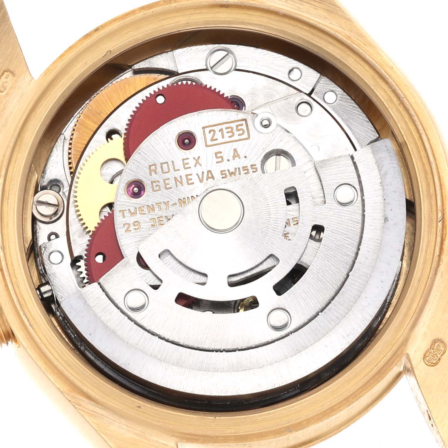The image shows the inner workings and movement of a Rolex President 69178 Women's Yellow Gold Champagne Dial 69178 Women's Yellow Gold Champagne Dial watch from a top-down angle.
