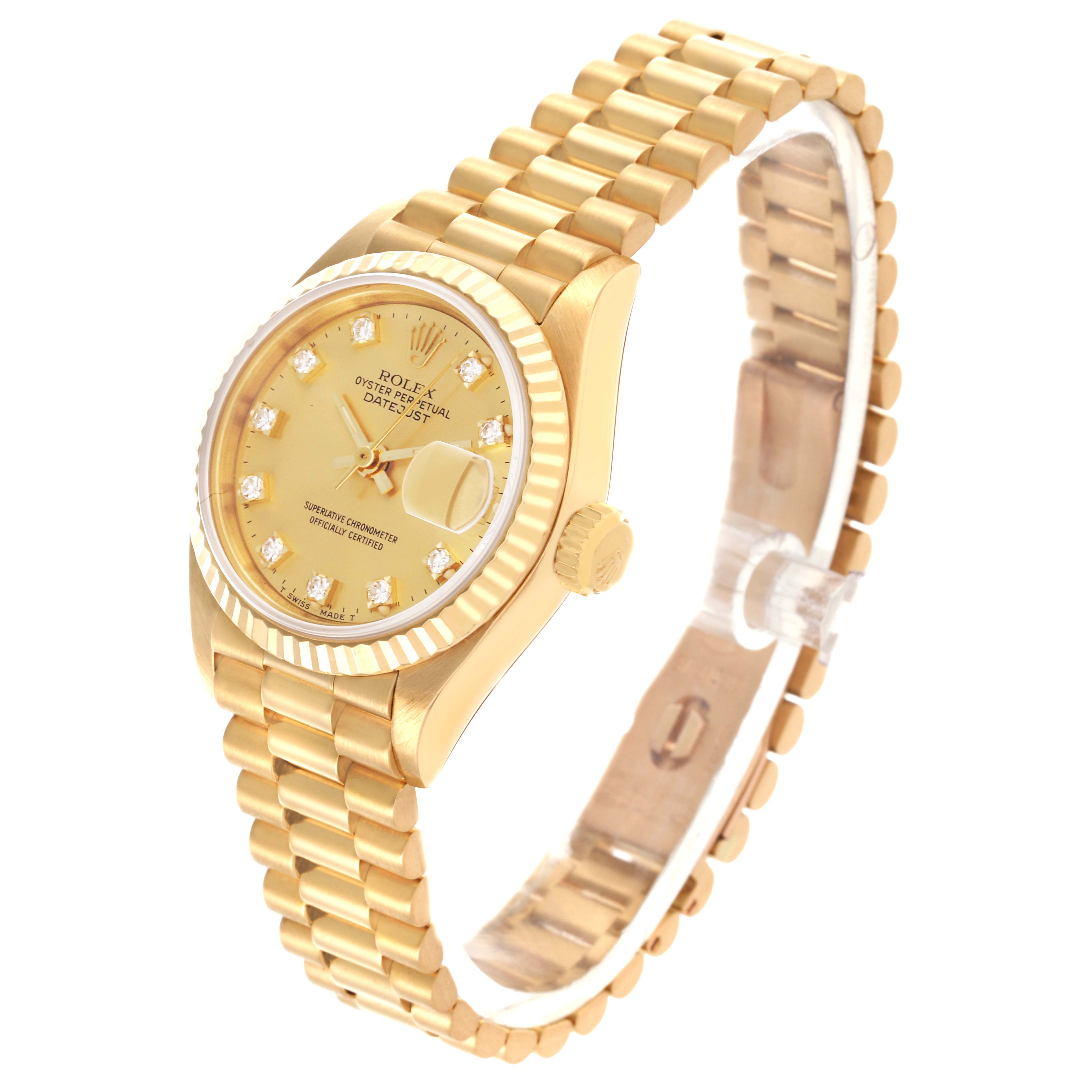 The Rolex President 69178 Women's Yellow Gold Champagne Dial 69178 Women's Yellow Gold Champagne Dial watch is shown at a three-quarter angle, highlighting the bracelet and diamond-studded dial.