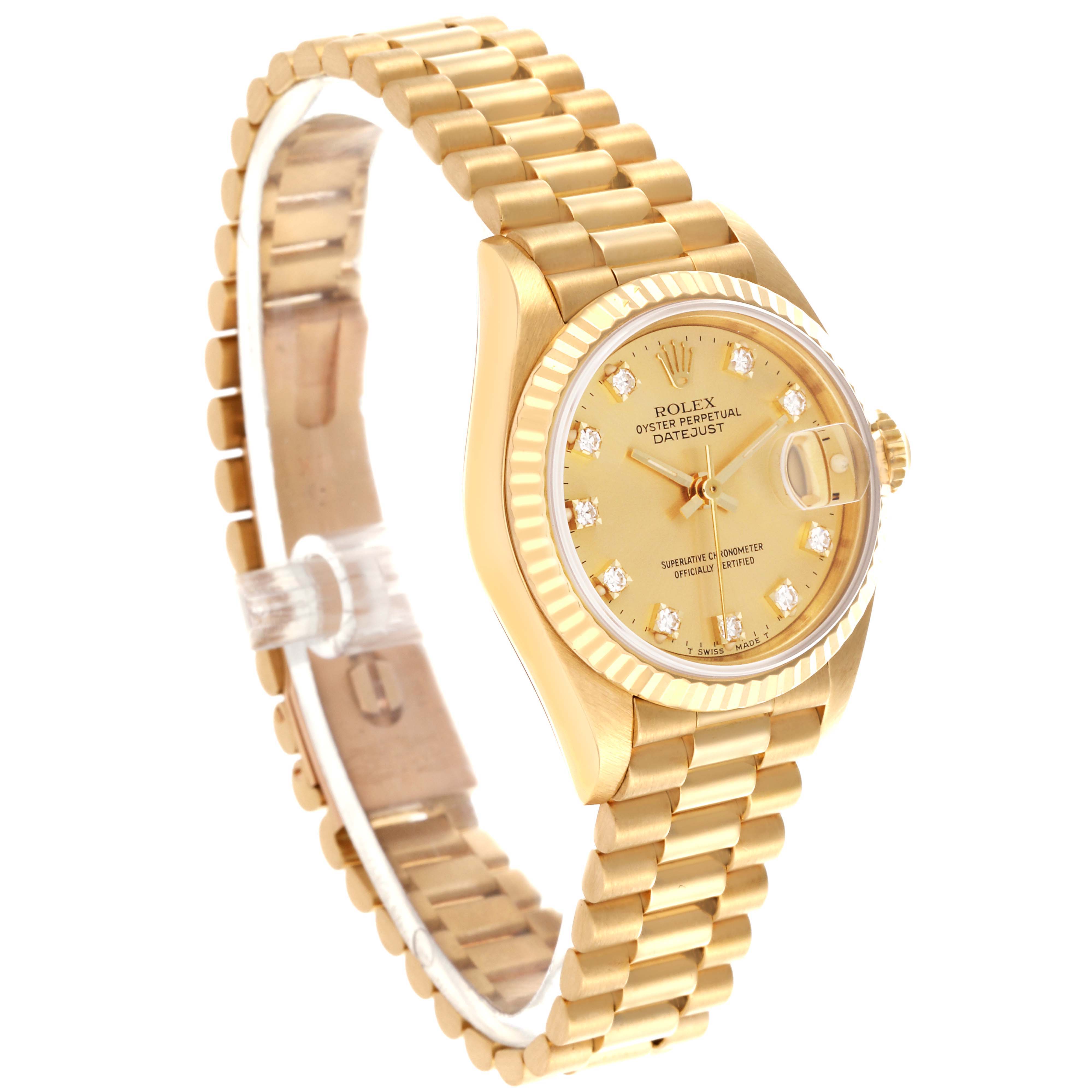 The Rolex President 69178 Women's Yellow Gold Champagne Dial 69178 Women's Yellow Gold Champagne Dial model is shown at an angled side view, highlighting its gold band and diamond-accented dial.