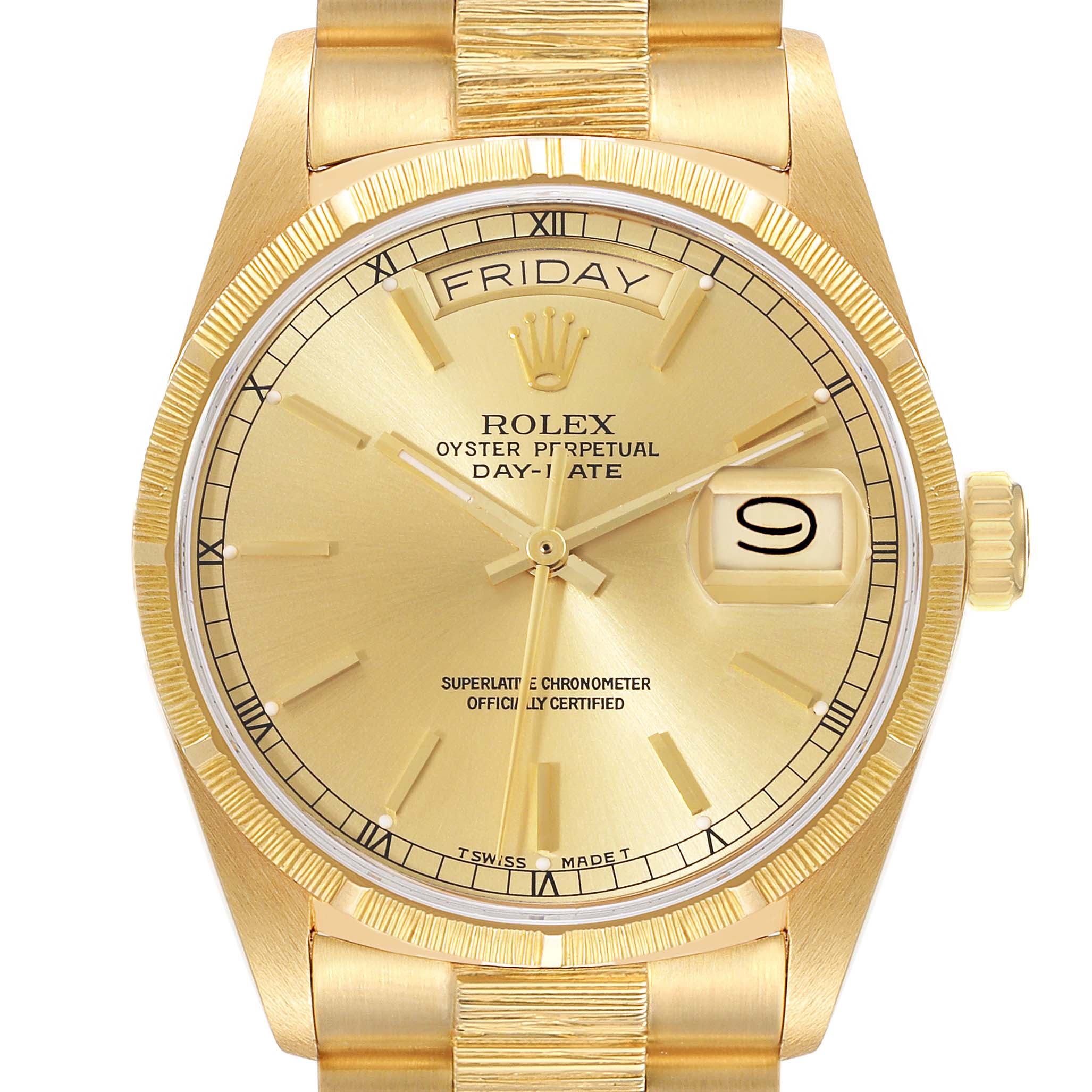 The image shows a frontal view of a Rolex President 18078 Men
s Yellow Gold Champagne Dial 18078 Men
s Yellow Gold Champagne Dial model watch, highlighting the dial, crown, and bracelet.