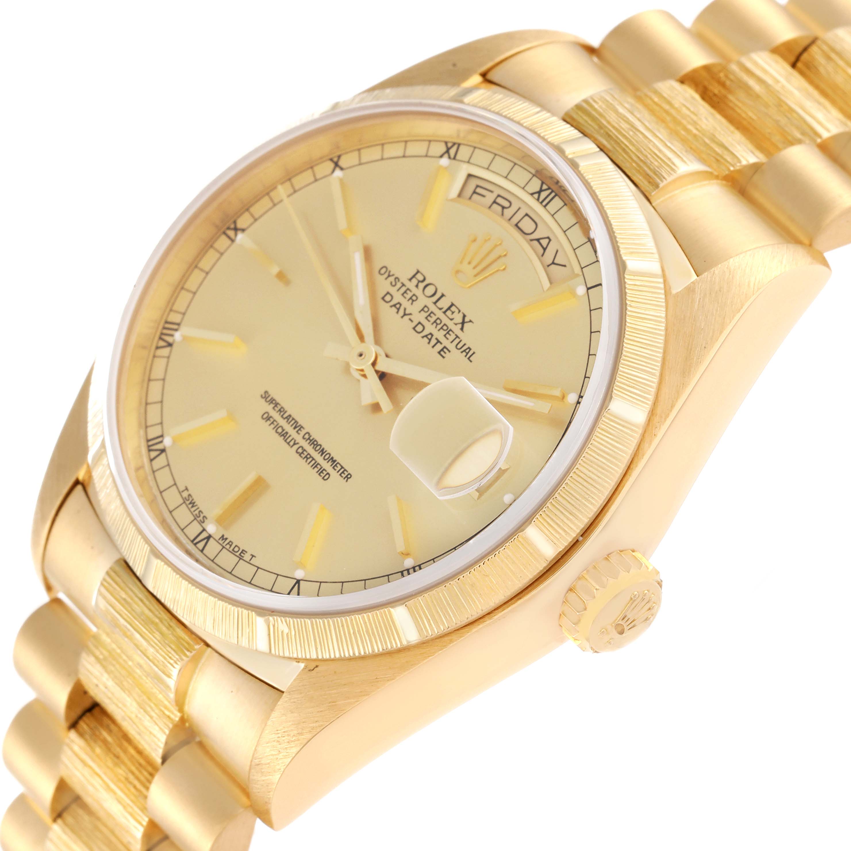 The image shows a close-up angle view of the dial, bezel, crown, and bracelet of a Rolex President 18078 Men
s Yellow Gold Champagne Dial 18078 Men
s Yellow Gold Champagne Dial model watch.
