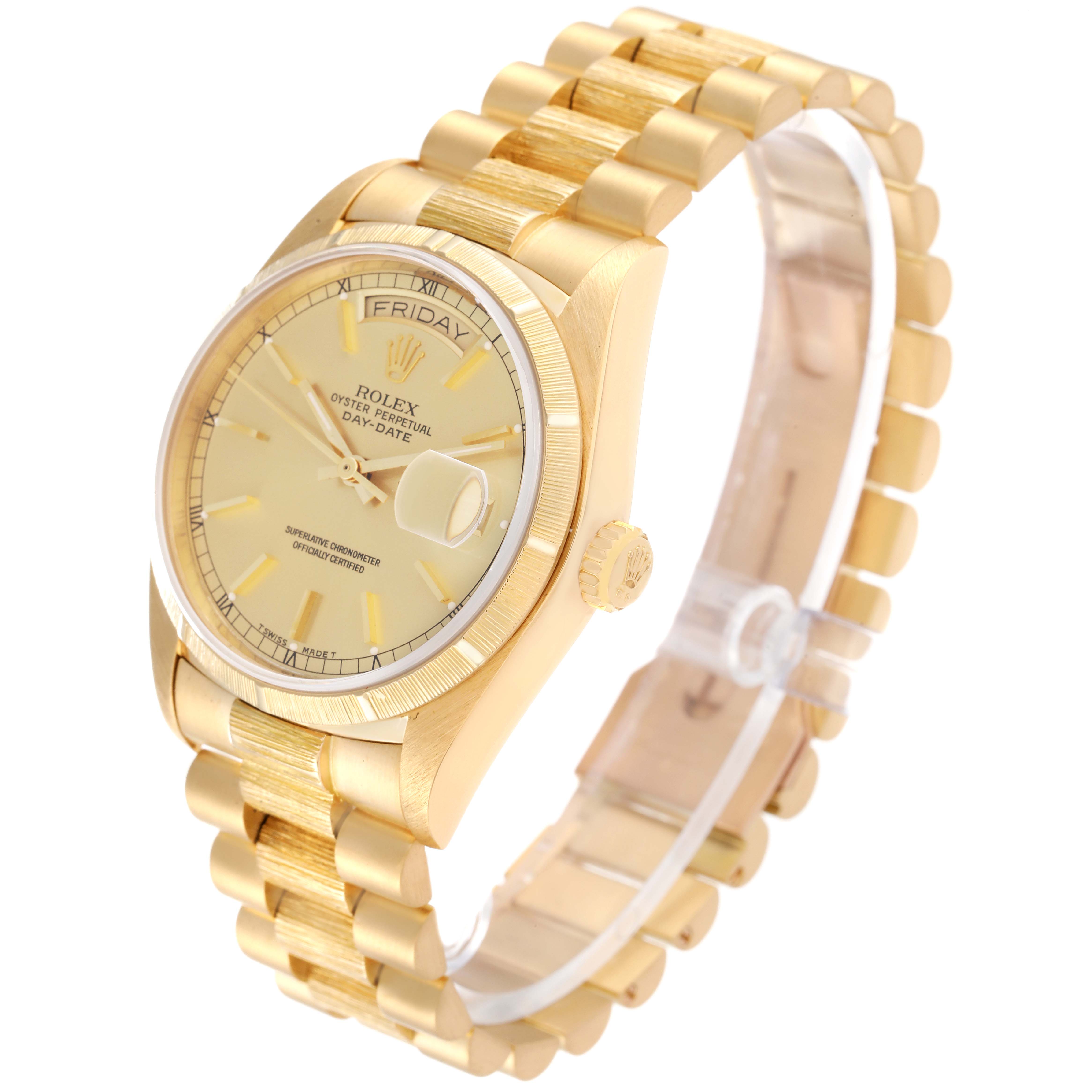 The Rolex President 18078 Men
s Yellow Gold Champagne Dial 18078 Men
s Yellow Gold Champagne Dial watch is shown at a three-quarter angle, highlighting the face, bezel, crown, and part of the bracelet.