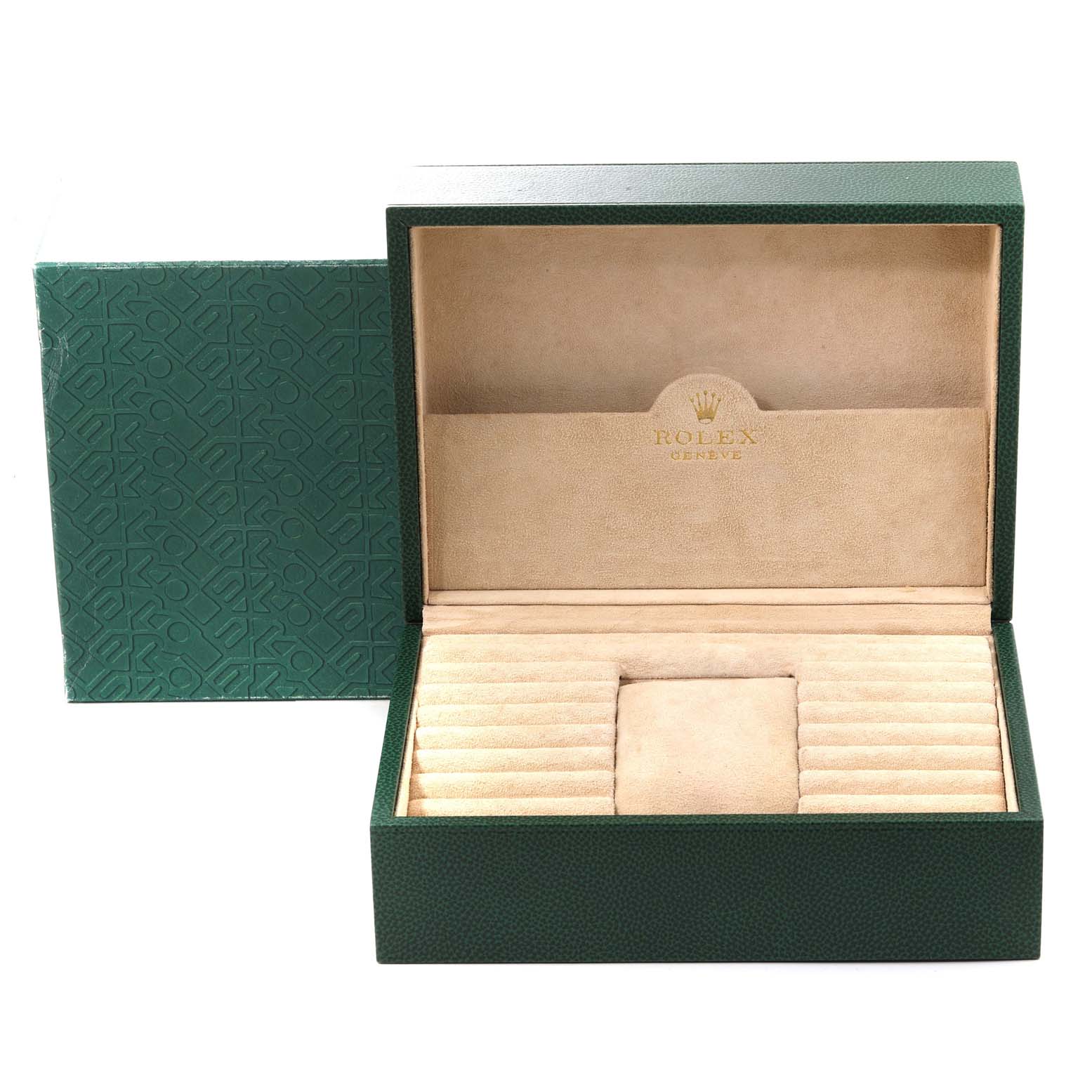 This image shows the open box for a Rolex President 18078 Men
s Yellow Gold Champagne Dial 18078 Men
s Yellow Gold Champagne Dial model watch, with the interior padding and compartments visible.