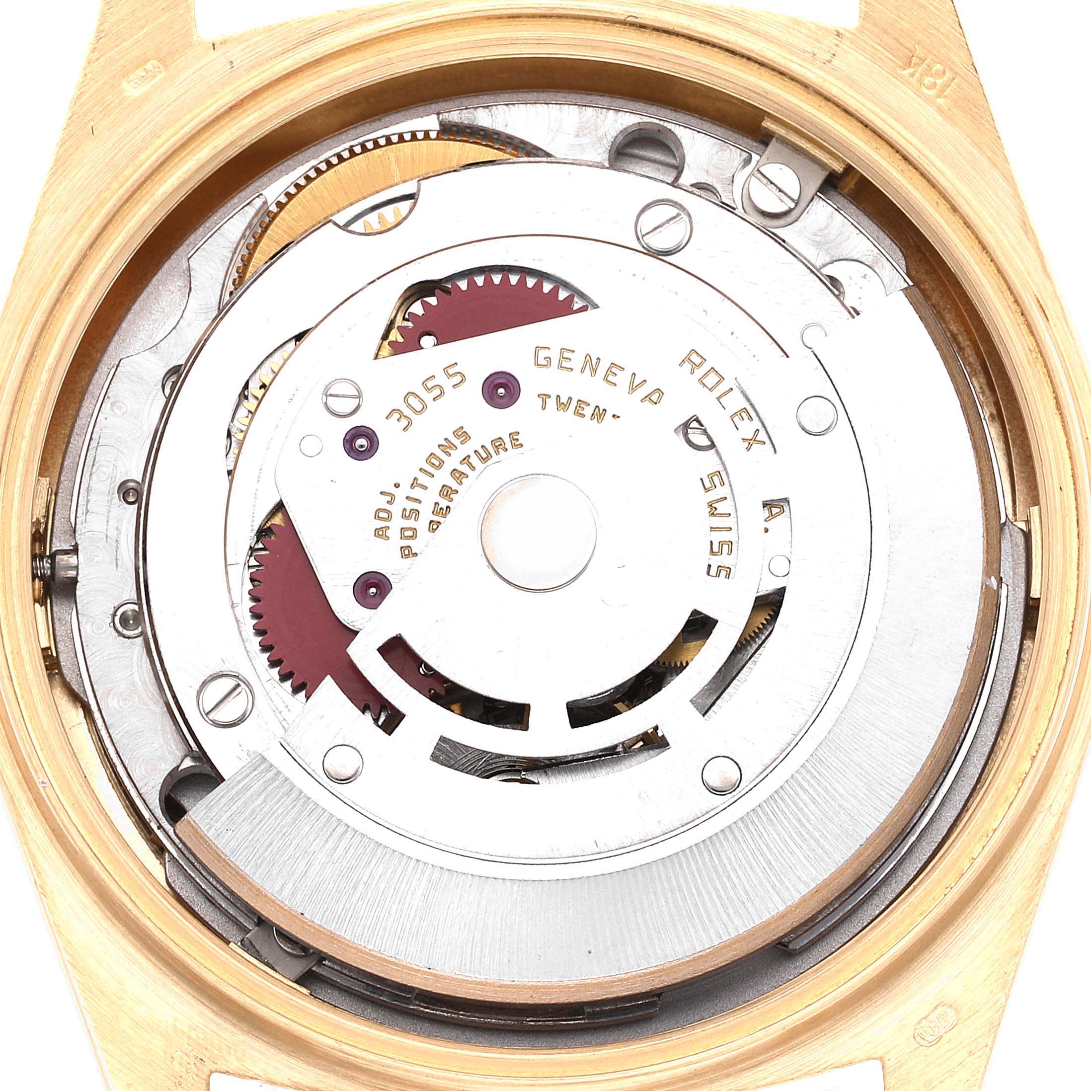 The image shows the inside mechanical movement of a Rolex President 18078 Men
s Yellow Gold Champagne Dial 18078 Men
s Yellow Gold Champagne Dial model watch from a top-down angle.