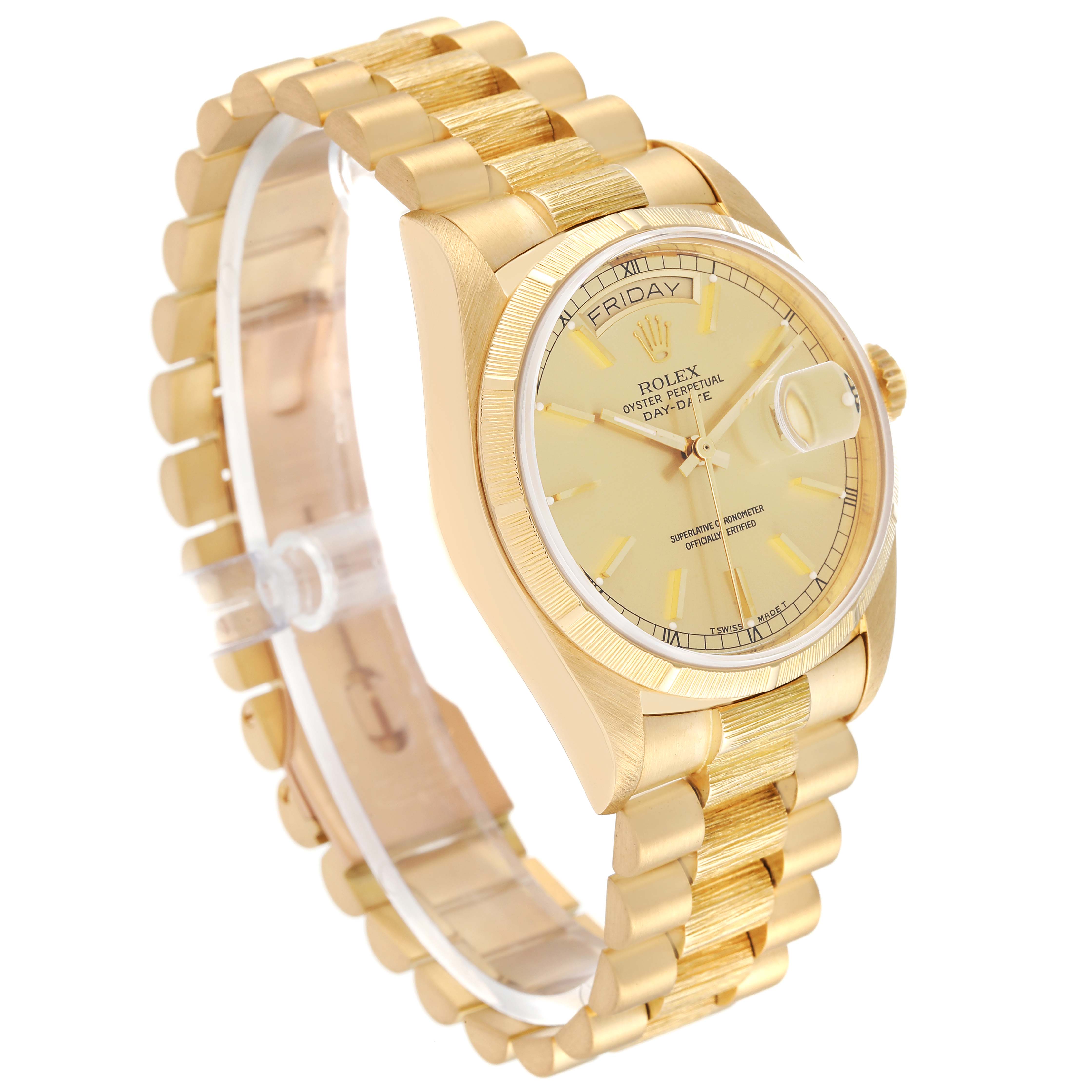 The Rolex President 18078 Men
s Yellow Gold Champagne Dial 18078 Men
s Yellow Gold Champagne Dial watch is shown at an oblique angle, highlighting its gold bracelet, case, and dial.