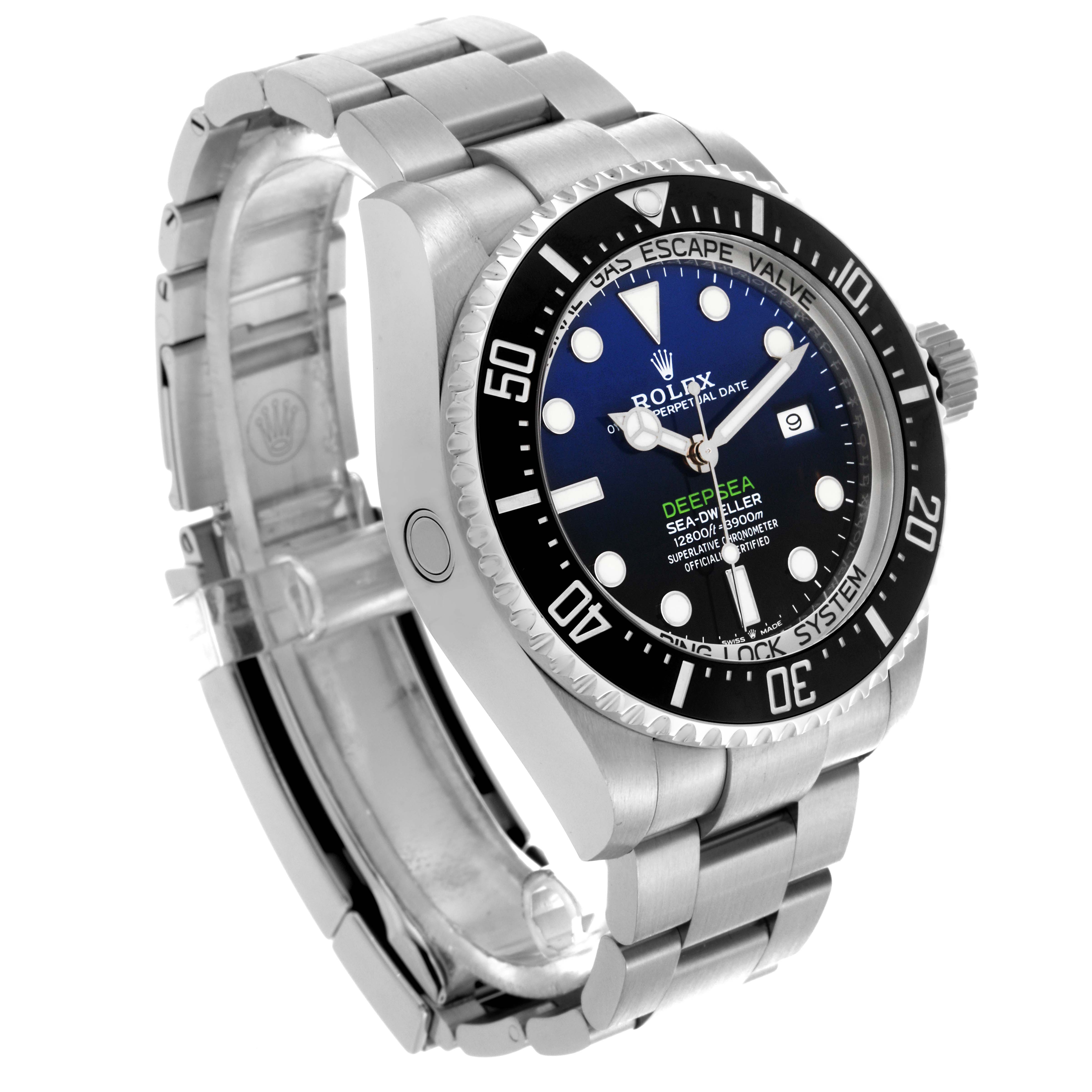 The Rolex Sea-Dweller 126660 Men
s Stainless Steel Blue Dial 126660 Men
s Stainless Steel Blue Dial watch is shown at an angle highlighting the dial, bezel, crown, and bracelet.