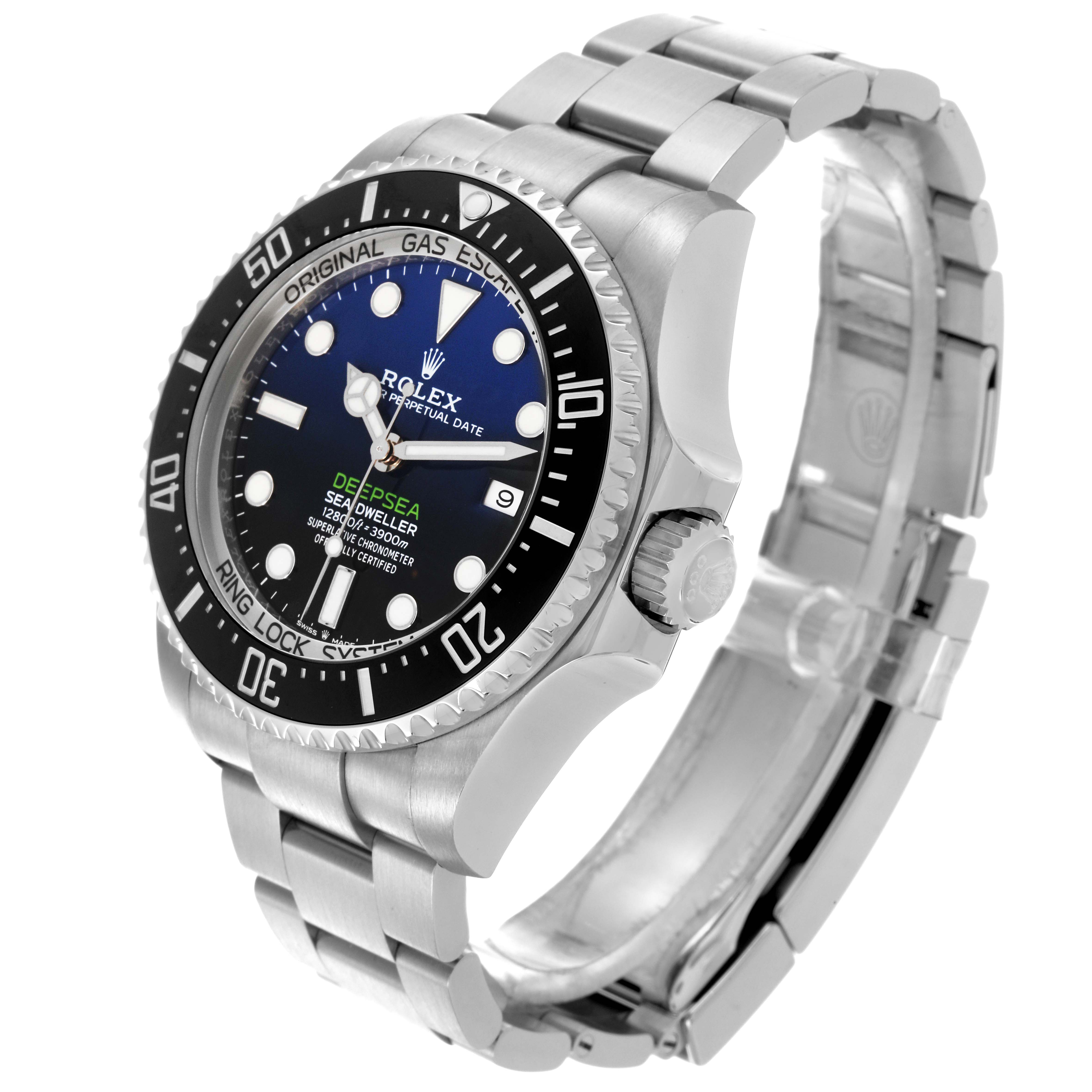 The Rolex Sea-Dweller 126660 Men
s Stainless Steel Blue Dial 126660 Men
s Stainless Steel Blue Dial watch is shown at a three-quarter angle, highlighting the face, bezel, crown, and bracelet.