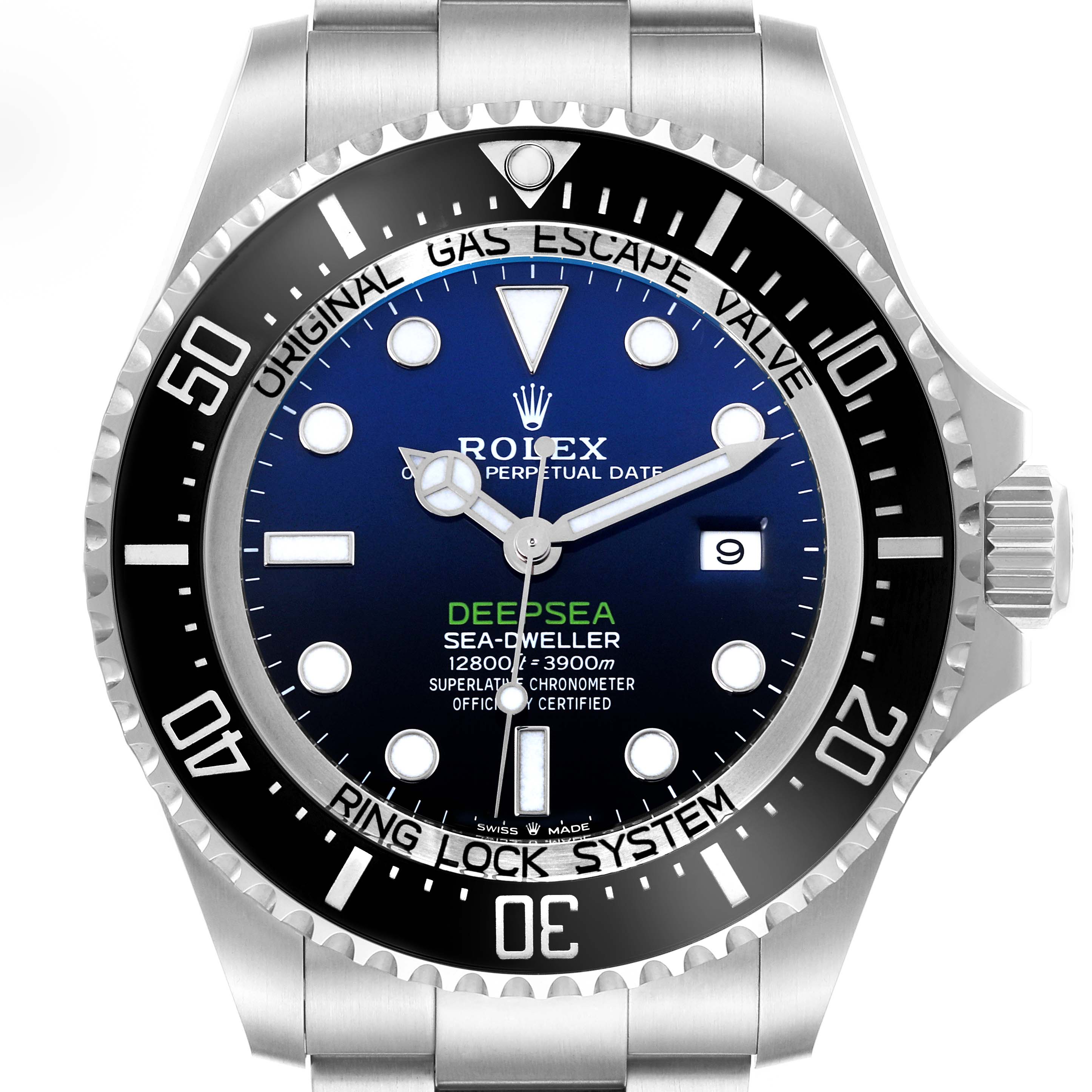 The Rolex Sea-Dweller 126660 Men
s Stainless Steel Blue Dial 126660 Men
s Stainless Steel Blue Dial watch is shown from the front, displaying the dial, bezel, and part of the bracelet.