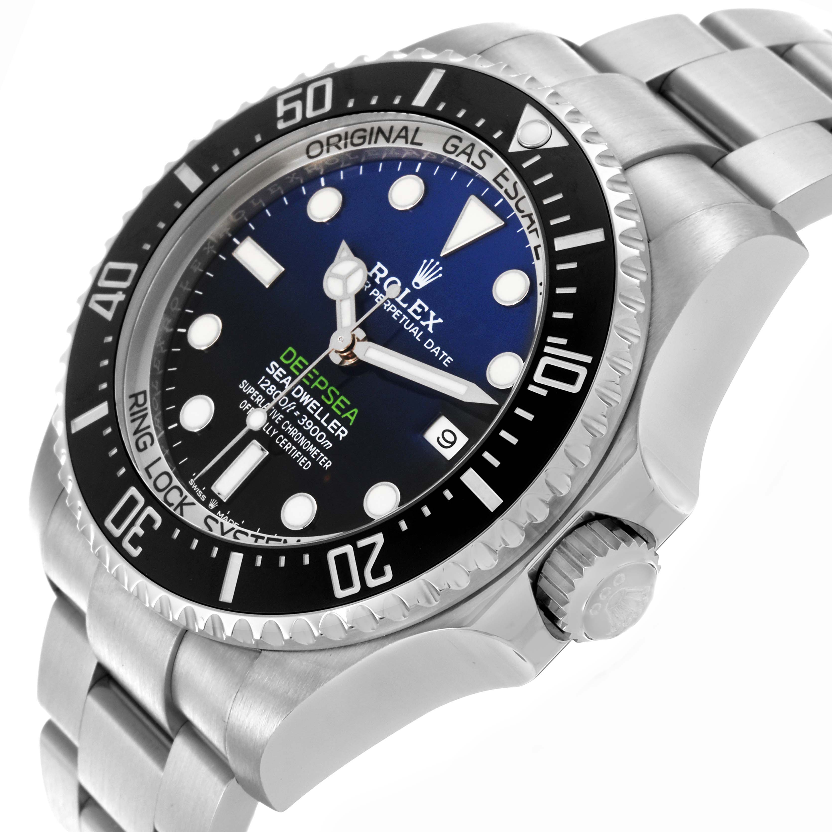 The image shows a side angle of the Rolex Sea-Dweller 126660 Men
s Stainless Steel Blue Dial 126660 Men
s Stainless Steel Blue Dial watch, highlighting the dial, bezel, and bracelet.