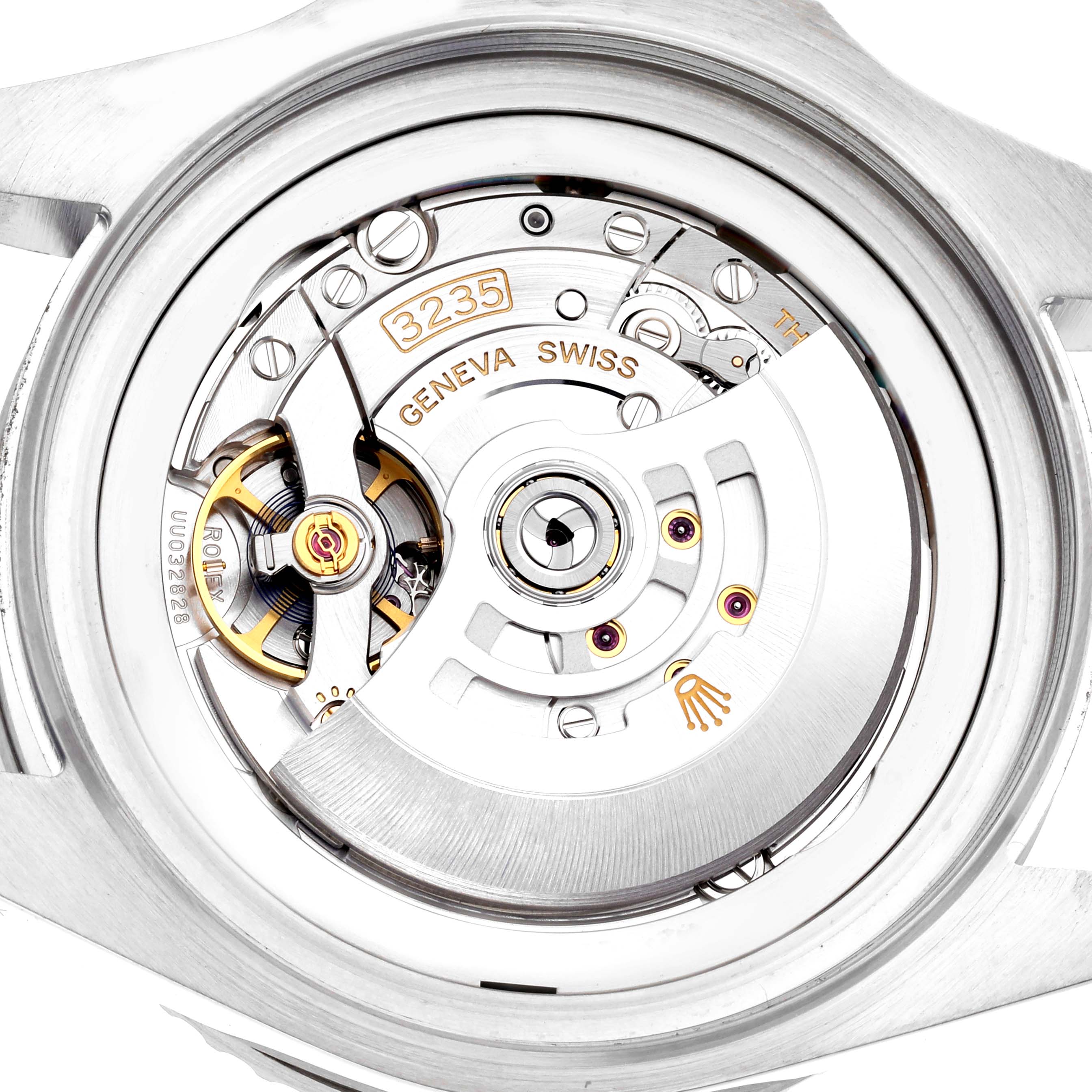 The image shows the movement of a Rolex Sea-Dweller 126660 Men
s Stainless Steel Blue Dial 126660 Men
s Stainless Steel Blue Dial, featuring the inner workings and rotor from the back case view.