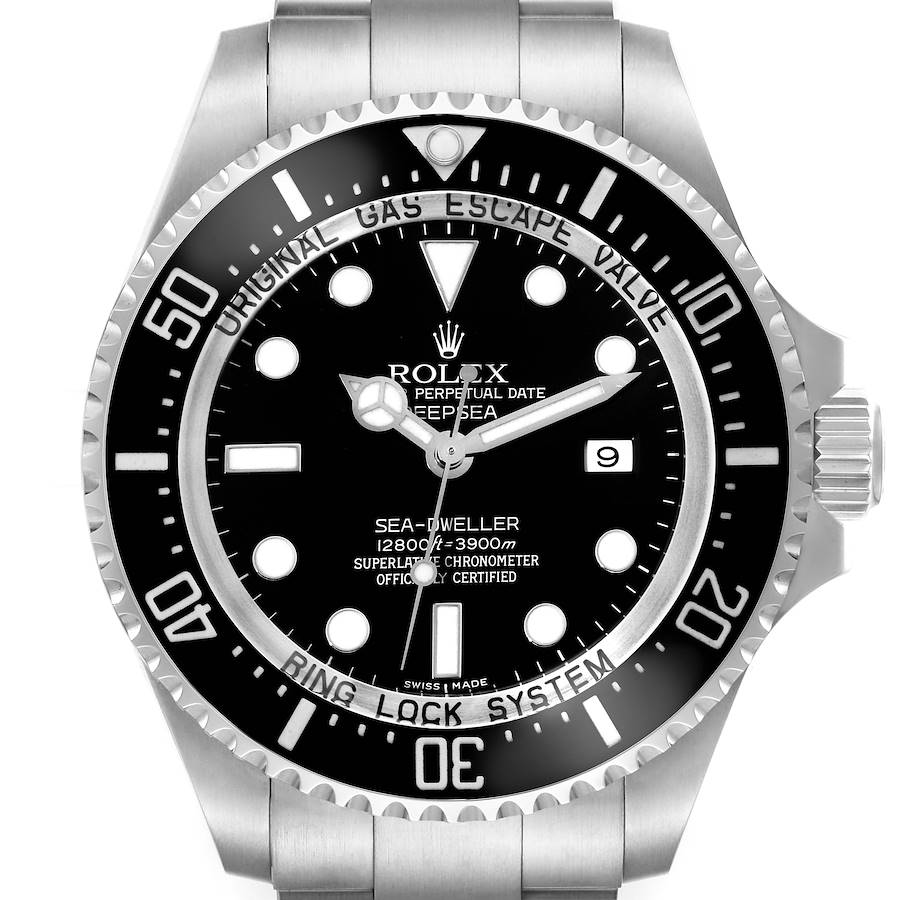 The image shows a front view of the Rolex Sea-Dweller watch, highlighting the dial, bezel, and crown.