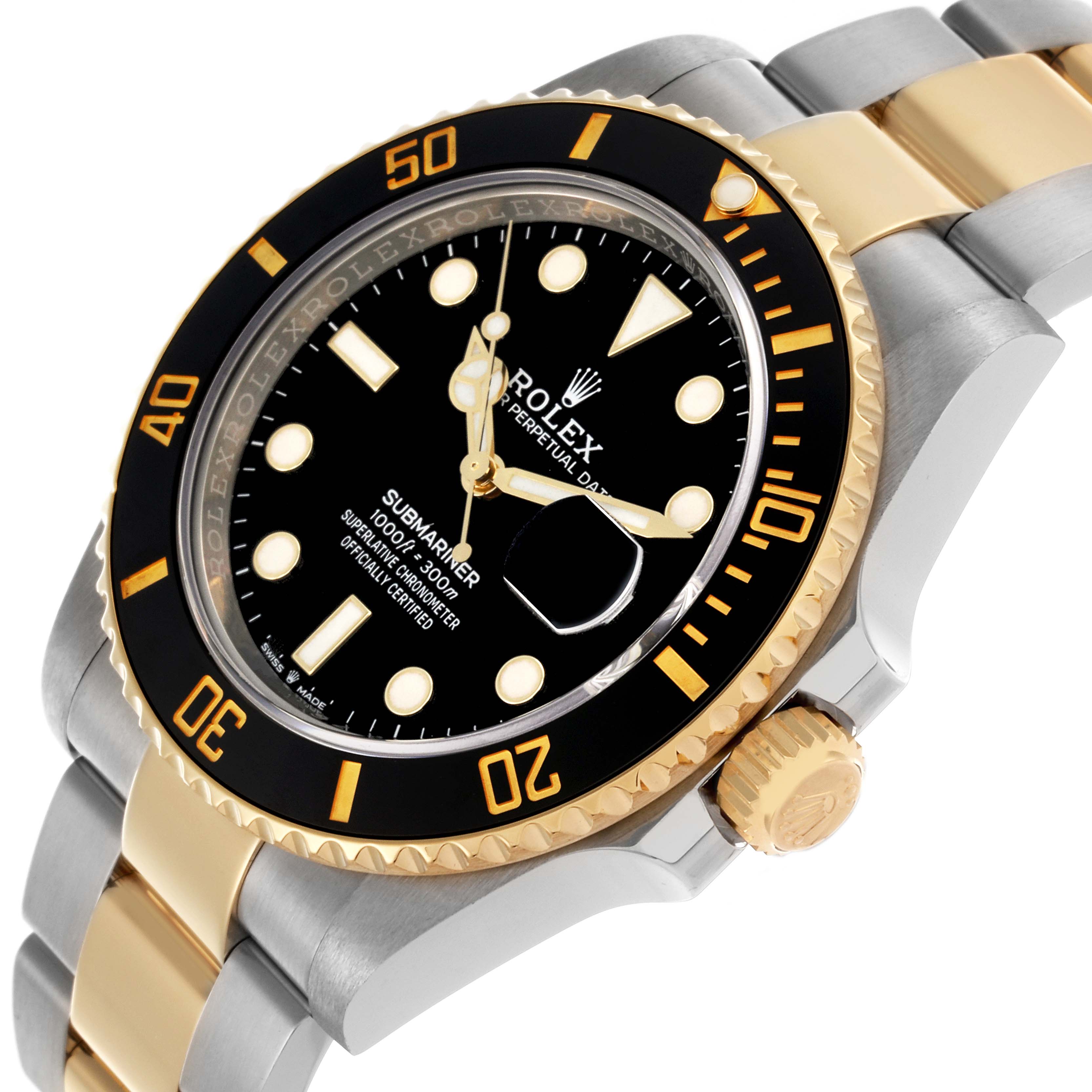 The Rolex Submariner 126613LN Men's Steel and Gold (two tone) Black Dial 126613LN Men's Steel and Gold (two tone) Black Dial watch is shown at an angled view, highlighting the dial, bezel, and two-tone bracelet.