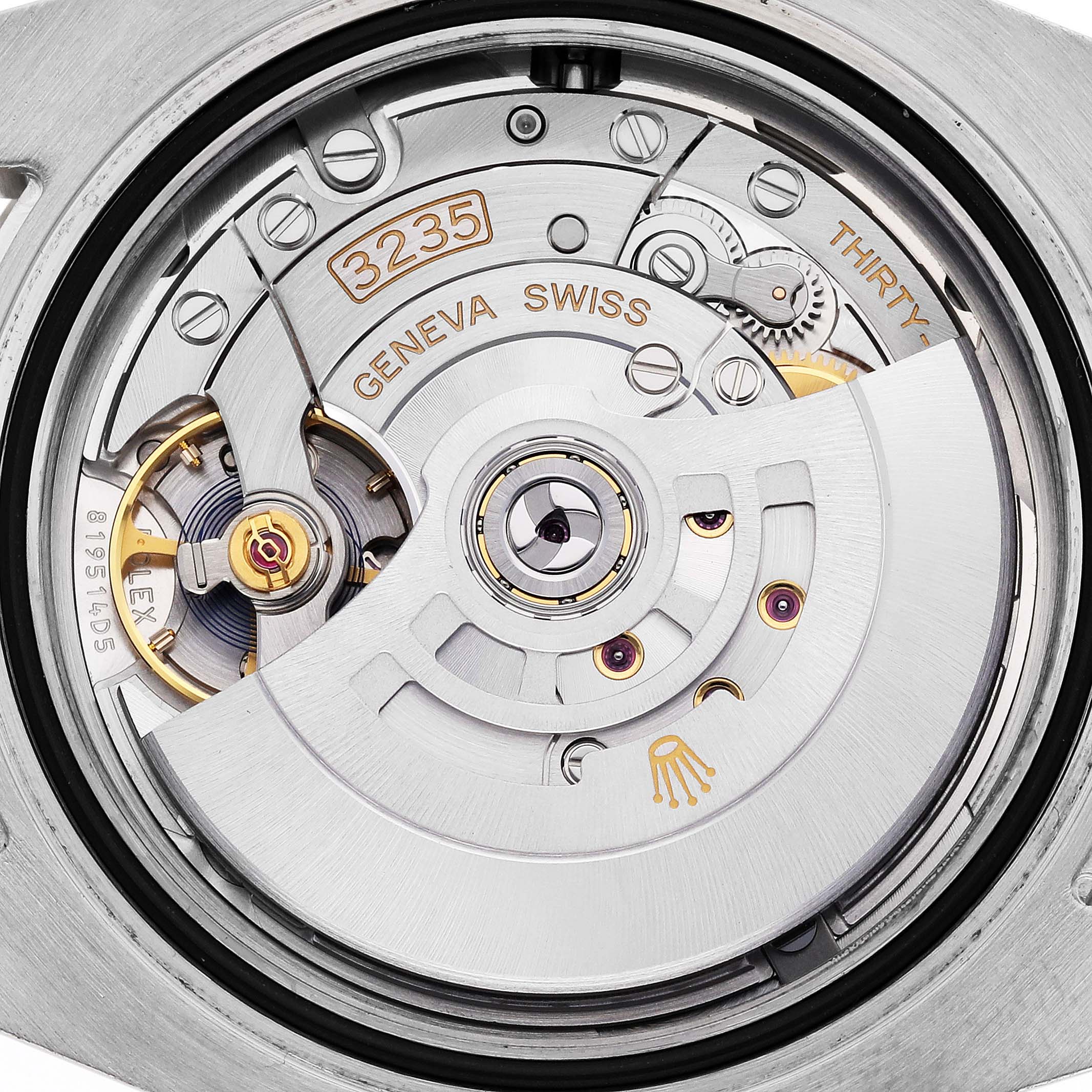 The image shows the Rolex Submariner 126613LN Men's Steel and Gold (two tone) Black Dial 126613LN Men's Steel and Gold (two tone) Black Dial's movement, featuring the intricate mechanics and rotor from a top-down angle.