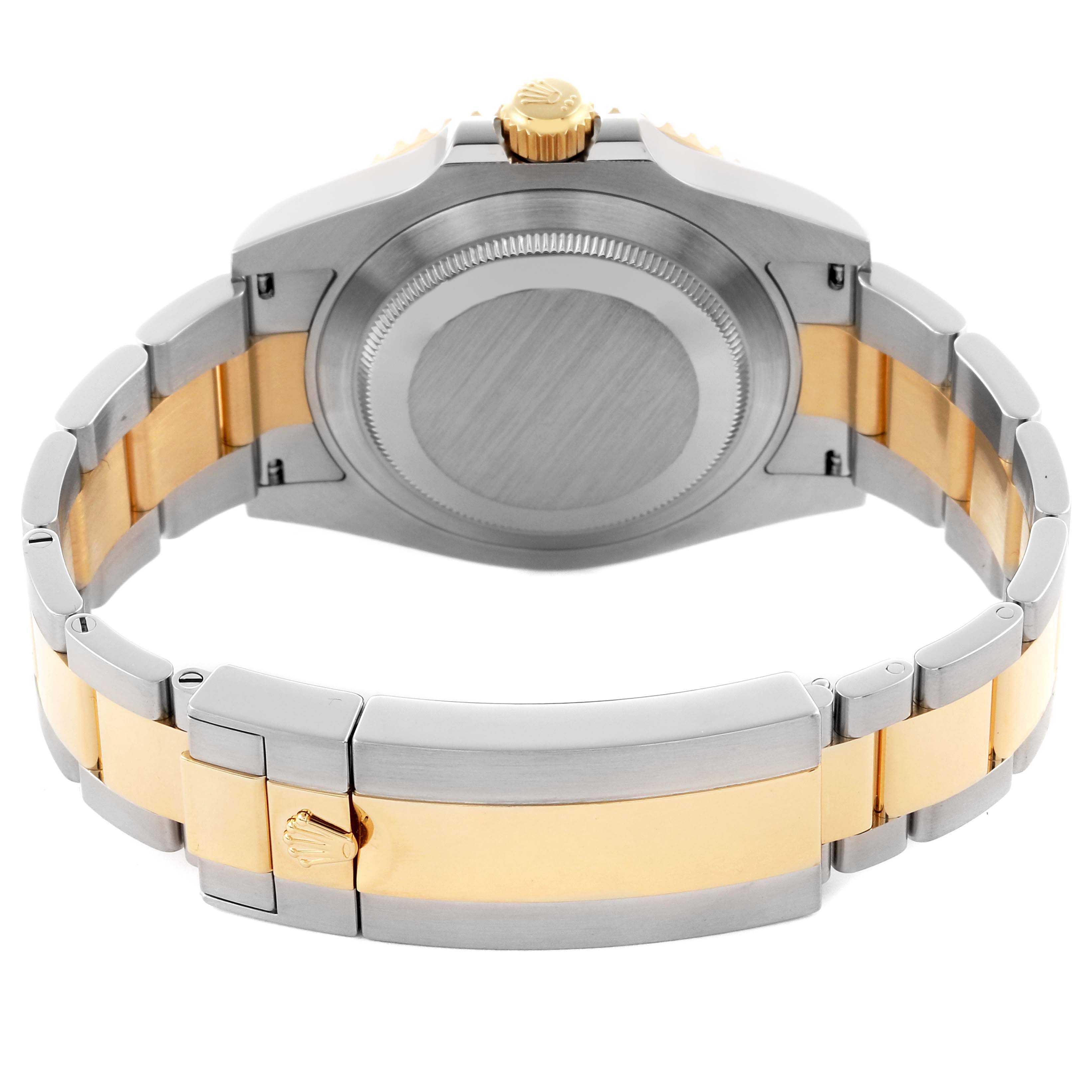 The image shows the back and clasp of a Rolex Submariner 126613LN Men's Steel and Gold (two tone) Black Dial 126613LN Men's Steel and Gold (two tone) Black Dial, highlighting the bracelet's two-tone finish and crown logo.