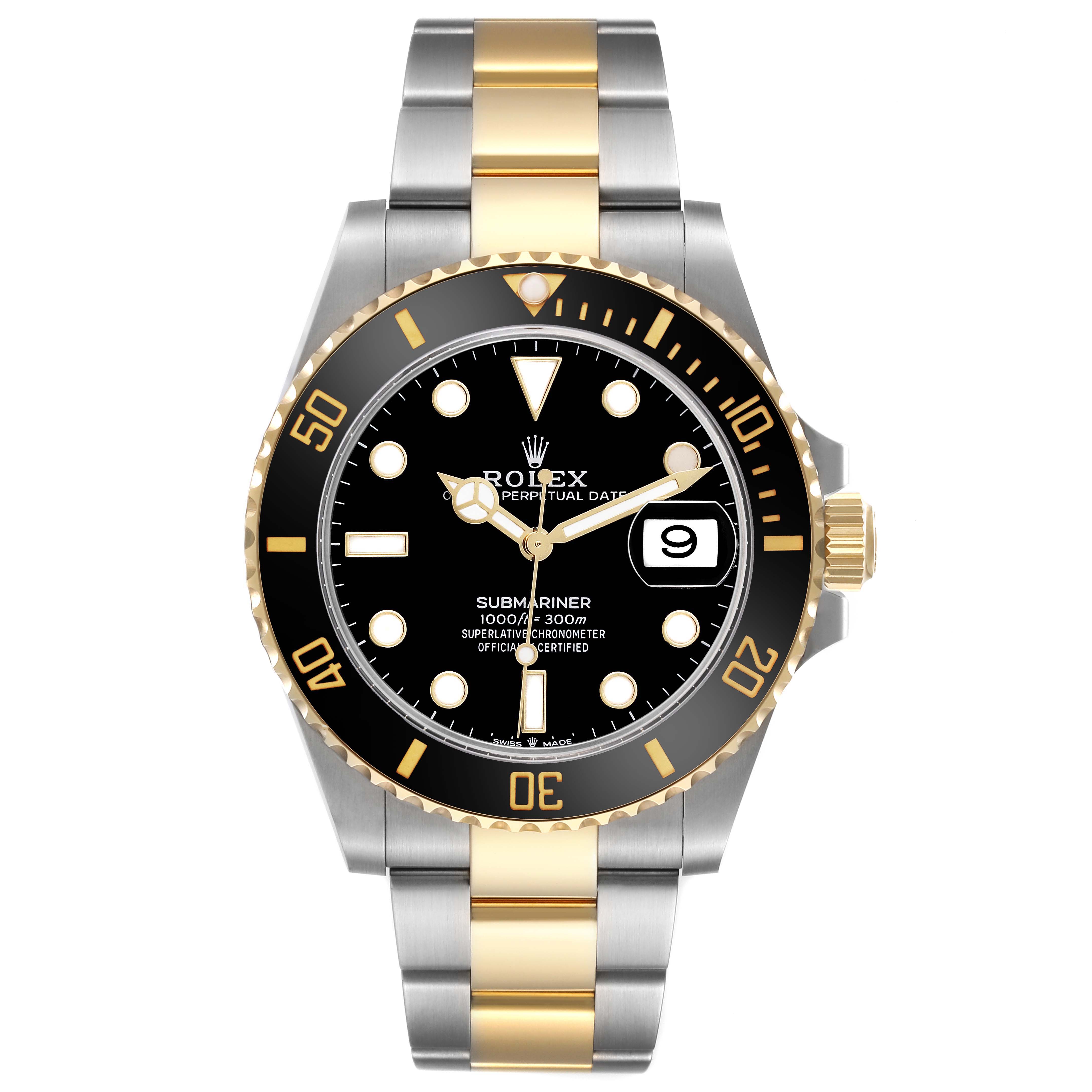 The Rolex Submariner 126613LN Men's Steel and Gold (two tone) Black Dial 126613LN Men's Steel and Gold (two tone) Black Dial watch is shown from a front angle, highlighting the dial, bezel, and two-tone bracelet.