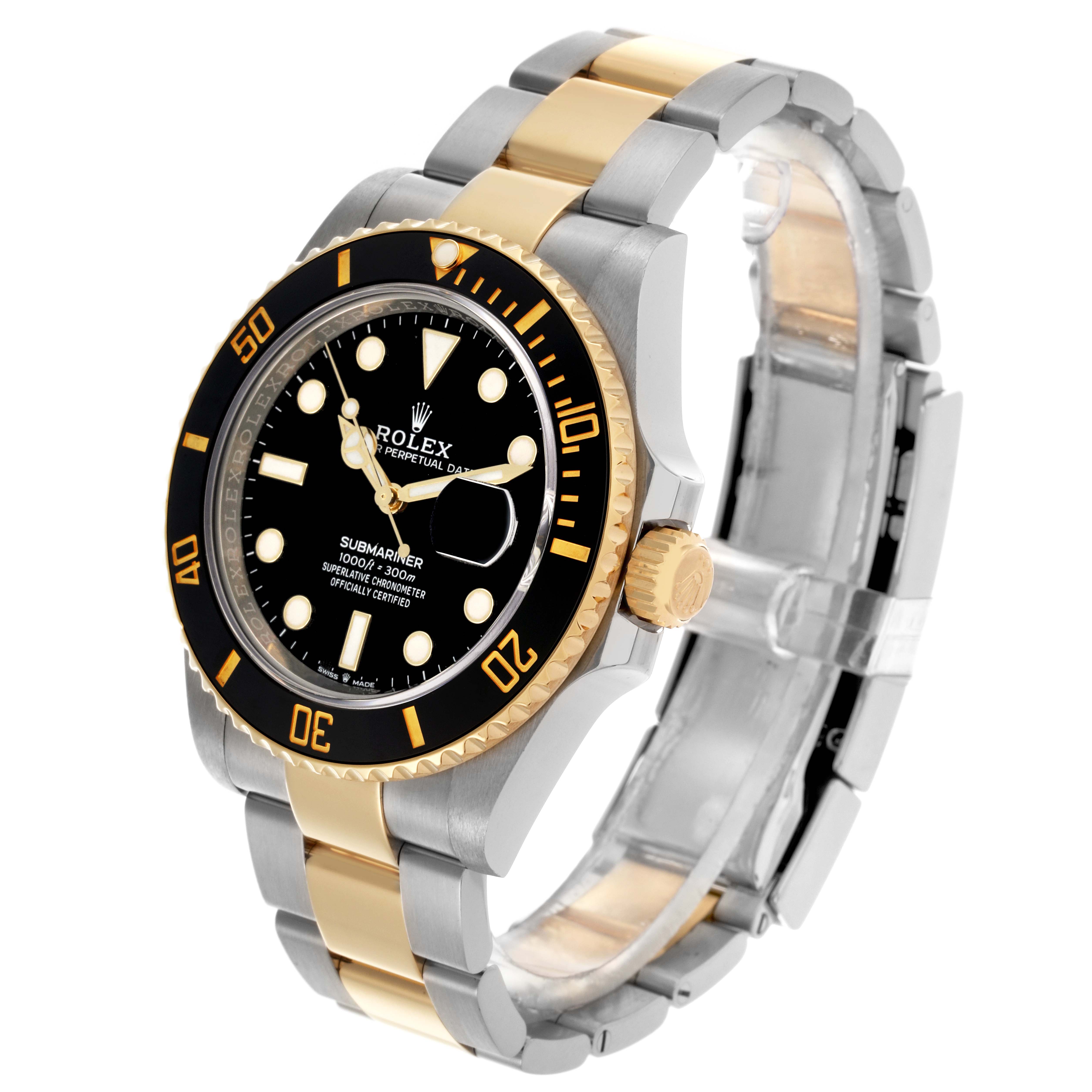 The Rolex Submariner 126613LN Men's Steel and Gold (two tone) Black Dial 126613LN Men's Steel and Gold (two tone) Black Dial is shown at an angled side view, displaying the face, bezel, case, bracelet, and crown.