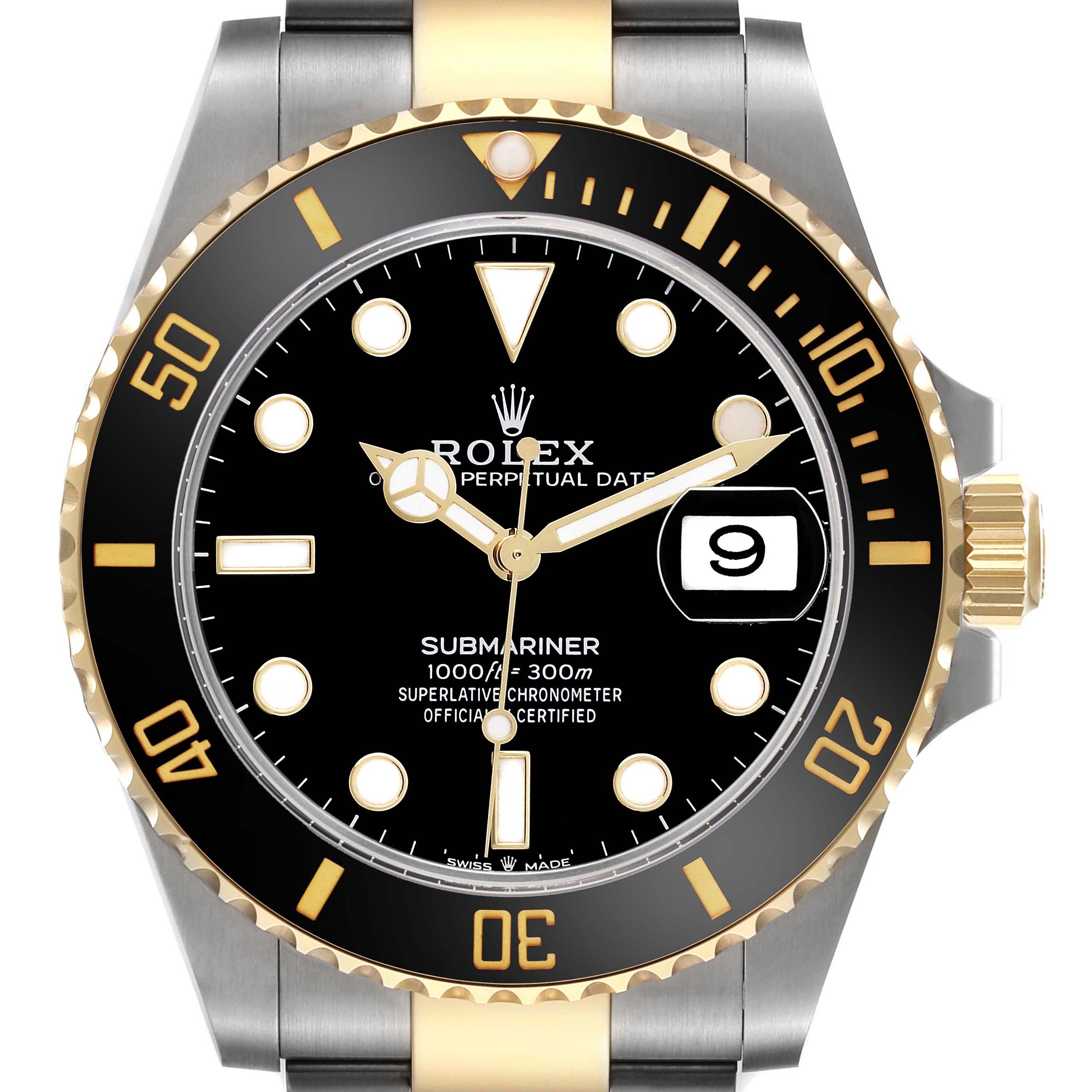 The Rolex Submariner 126613LN Men's Steel and Gold (two tone) Black Dial 126613LN Men's Steel and Gold (two tone) Black Dial is shown from a front angle, highlighting its dial, bezel, crown, and part of the bracelet.
