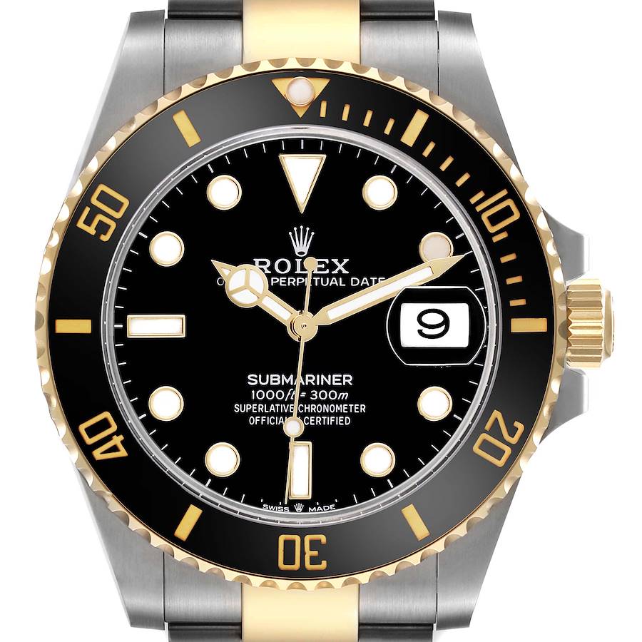 The Rolex Submariner is shown from a front angle, highlighting its dial, bezel, crown, and part of the bracelet.