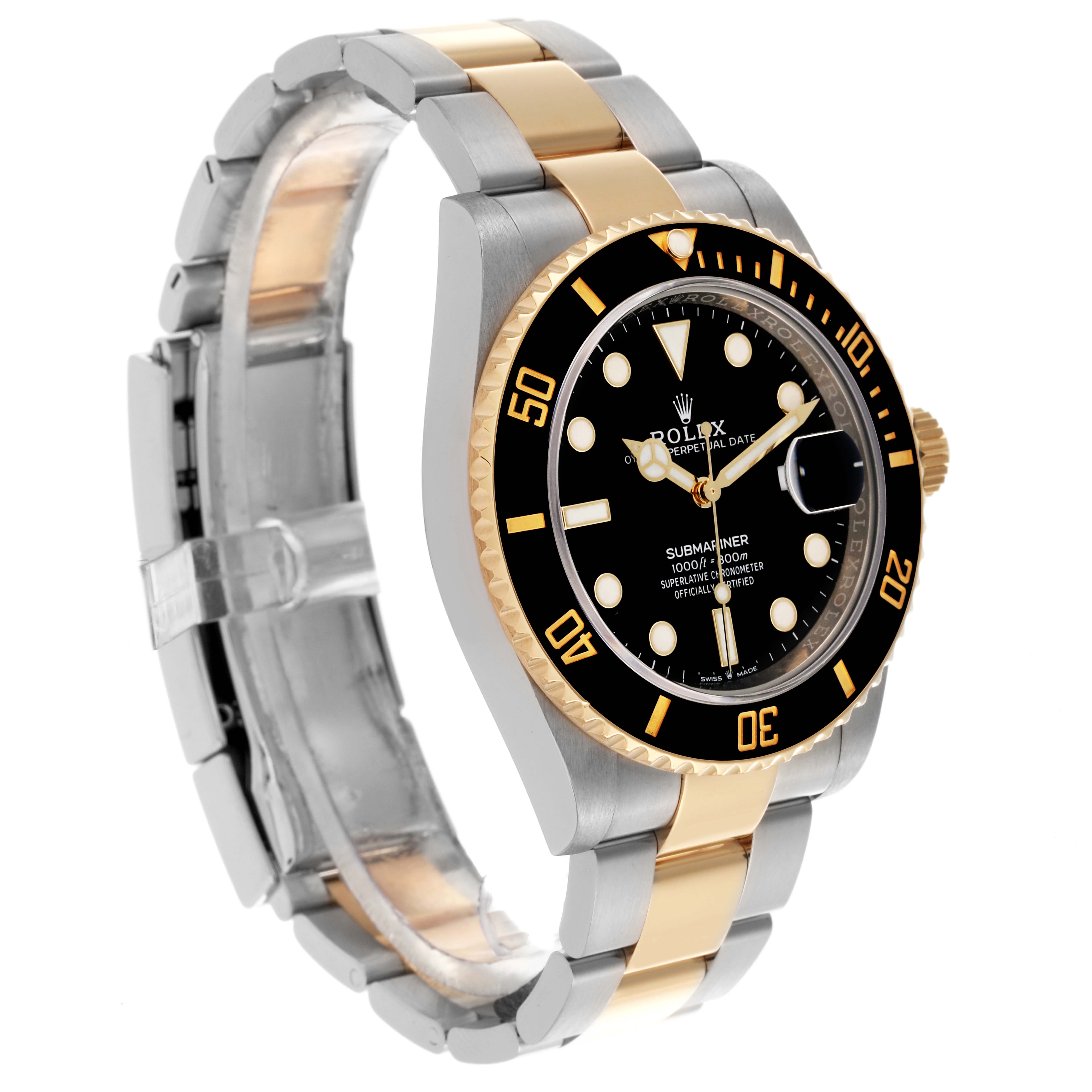 The Rolex Submariner 126613LN Men's Steel and Gold (two tone) Black Dial 126613LN Men's Steel and Gold (two tone) Black Dial watch is shown at a slight angle, highlighting the face, bezel, and two-tone bracelet.