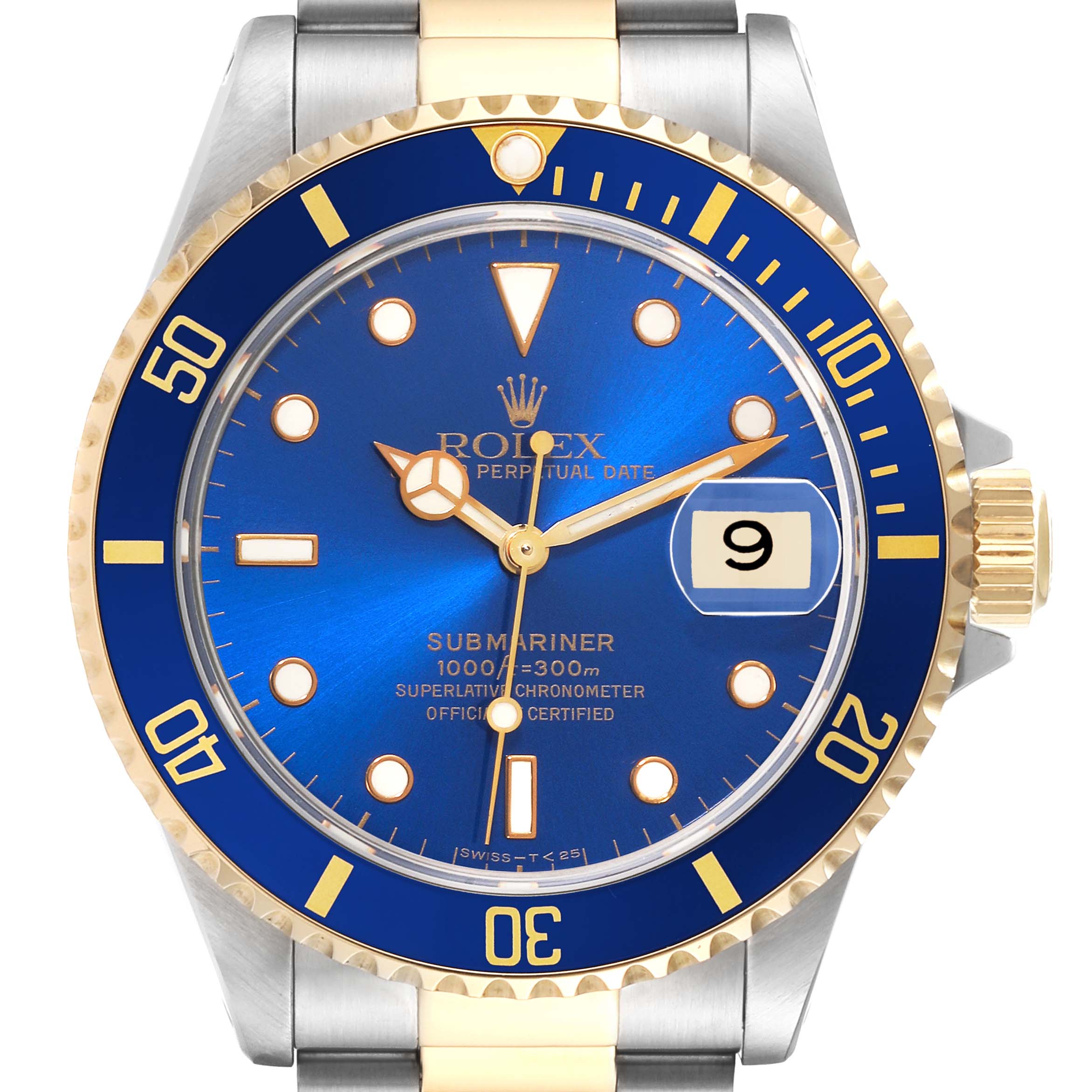 This is a close-up image of a Rolex Submariner 16613 Men
s Steel and Gold (two tone) Blue Dial 16613 Men
s Steel and Gold (two tone) Blue Dial watch showing the blue dial, date window, bezel, and part of the bracelet.