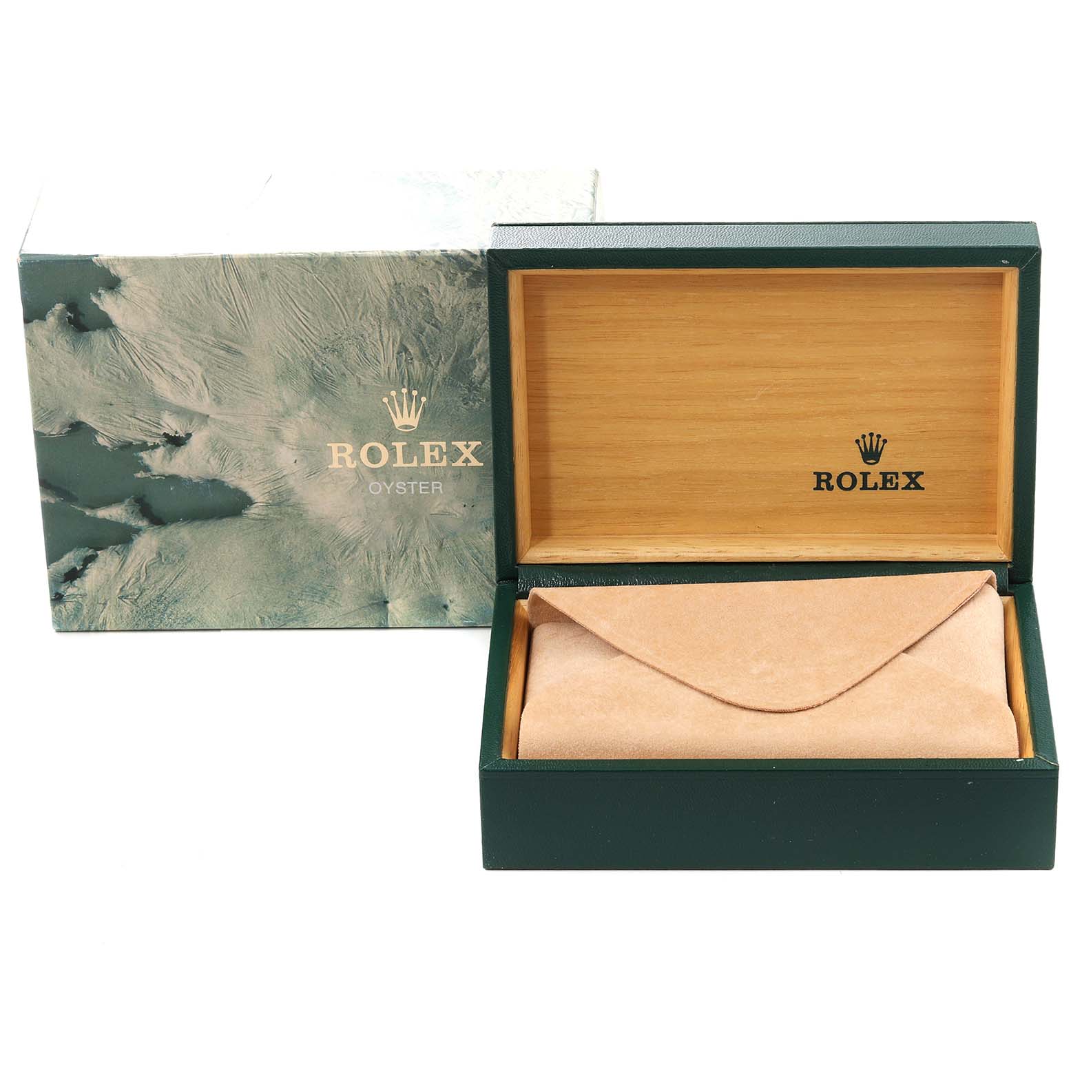 The image shows an open Rolex Submariner 16613 Men
s Steel and Gold (two tone) Blue Dial 16613 Men
s Steel and Gold (two tone) Blue Dial watch box, revealing a tan pouch inside, with the outer protective box in the background.