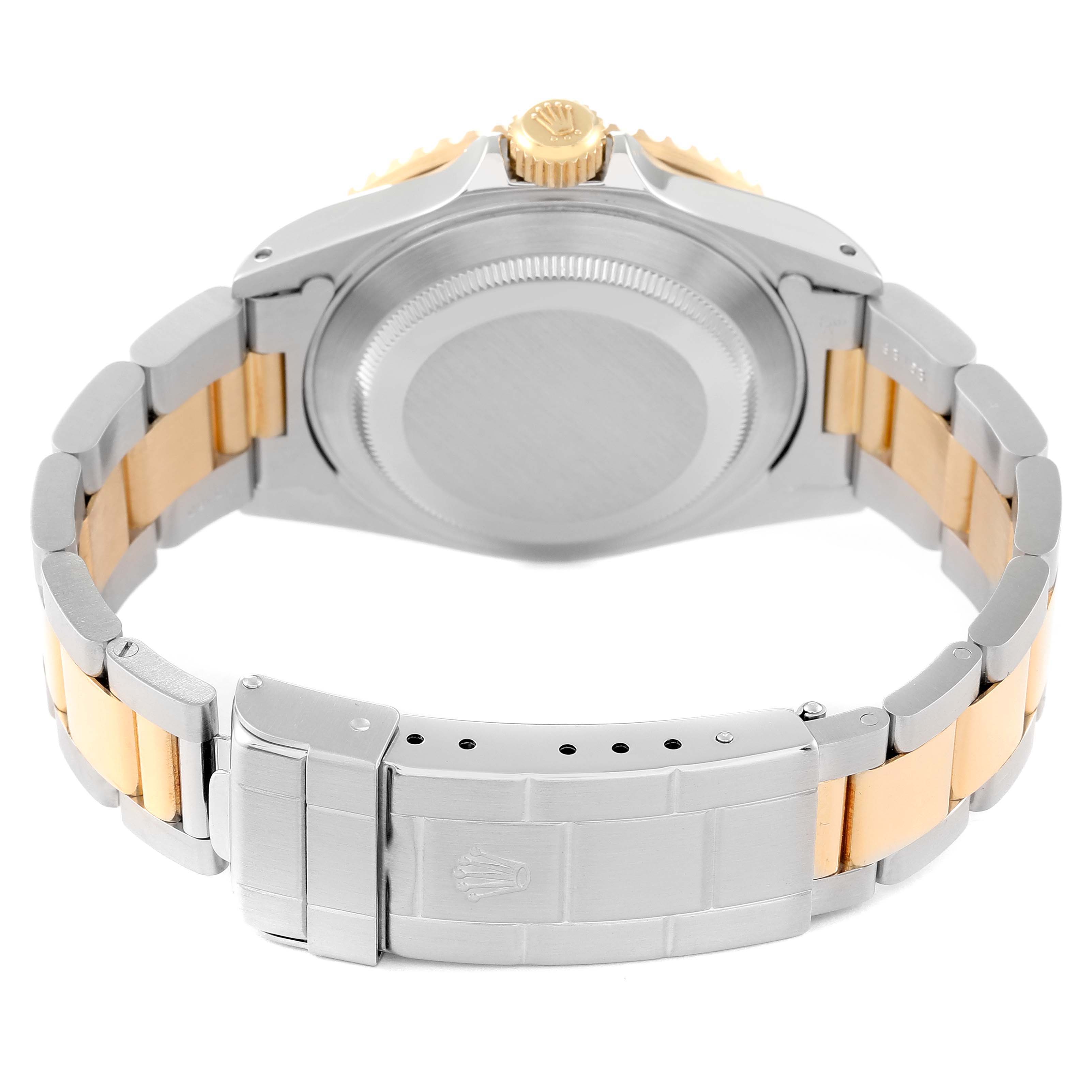 The image shows the back of a Rolex Submariner 16613 Men
s Steel and Gold (two tone) Blue Dial 16613 Men
s Steel and Gold (two tone) Blue Dial watch, displaying the clasp, bracelet, and case back.