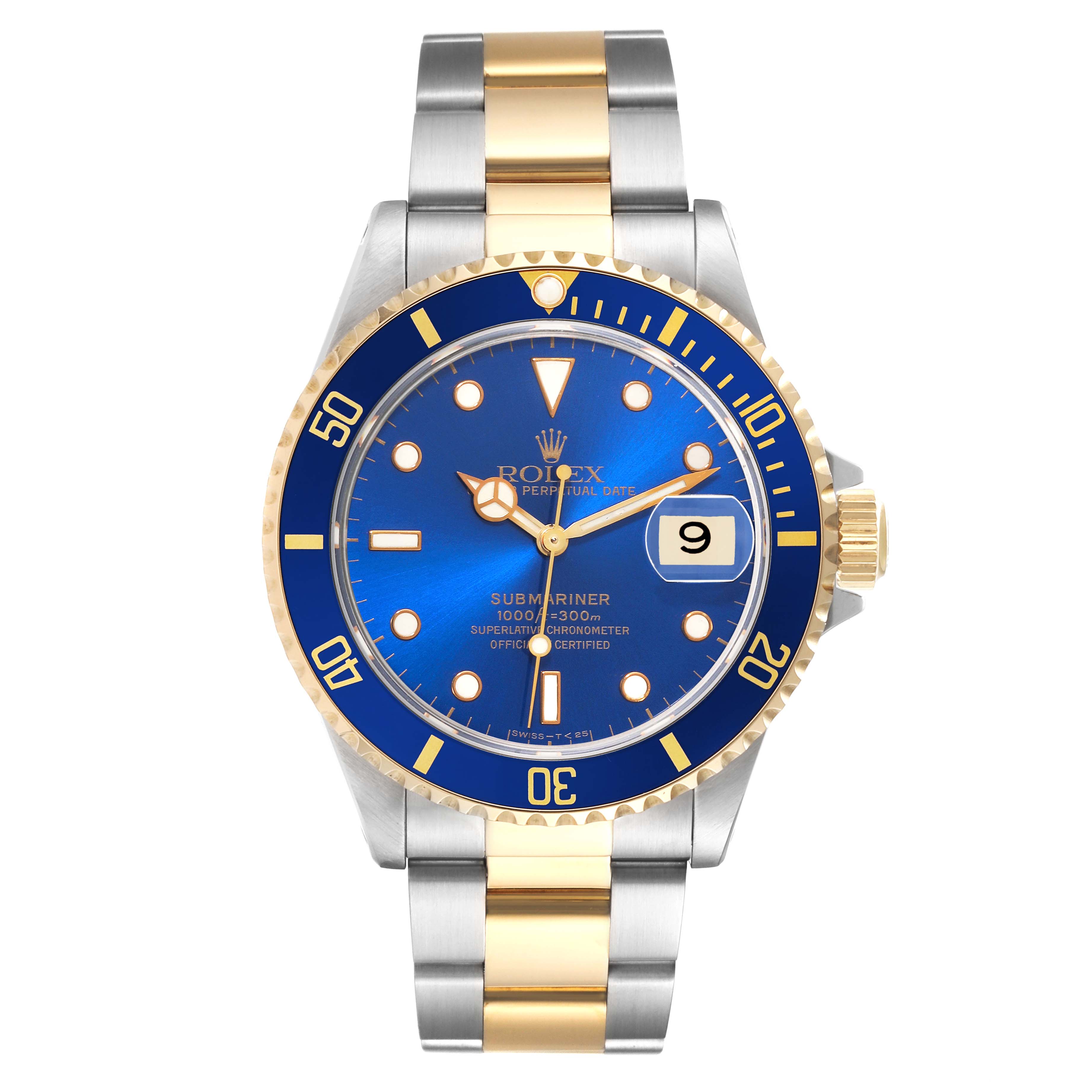 This image shows a front view of a Rolex Submariner 16613 Men
s Steel and Gold (two tone) Blue Dial 16613 Men
s Steel and Gold (two tone) Blue Dial watch with a blue dial and a two-tone bracelet.