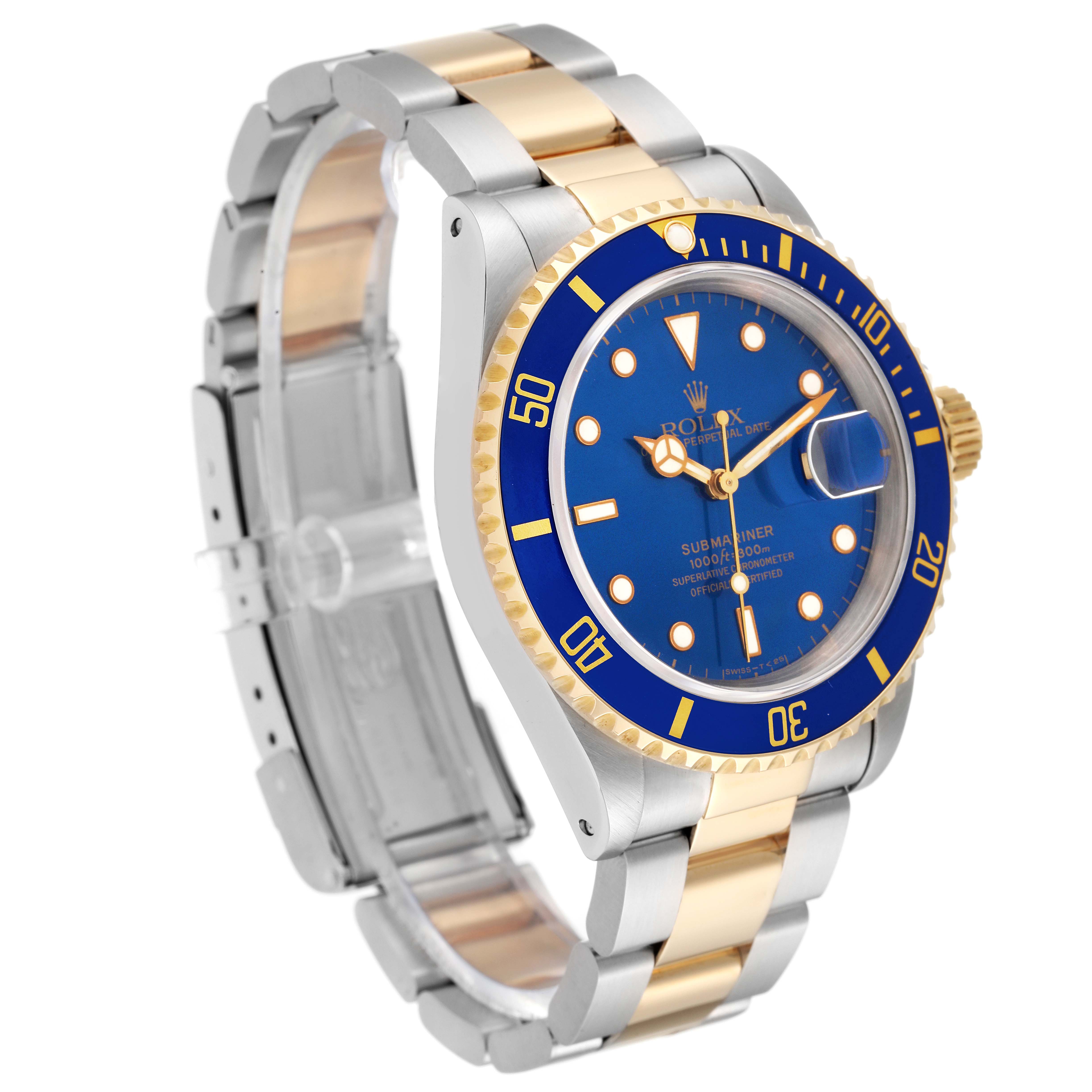 This image shows a Rolex Submariner 16613 Men
s Steel and Gold (two tone) Blue Dial 16613 Men
s Steel and Gold (two tone) Blue Dial watch at a three-quarter angle, highlighting its blue dial, bezel, and bi-metal bracelet.