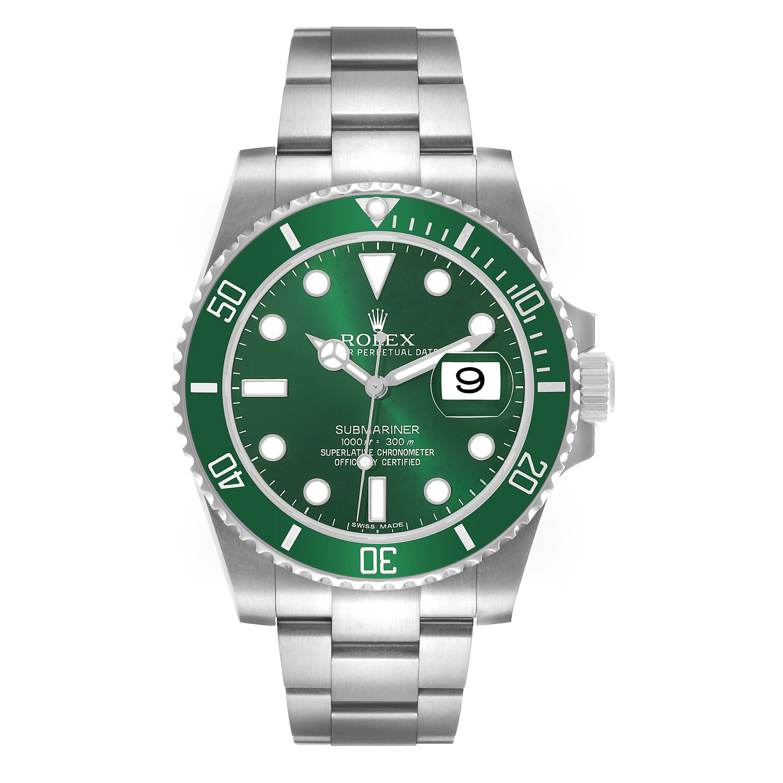 The Rolex Submariner 116610LV Men's Stainless Steel Green Dial watch is shown from the front, displaying its green dial, date window, and stainless steel bracelet.