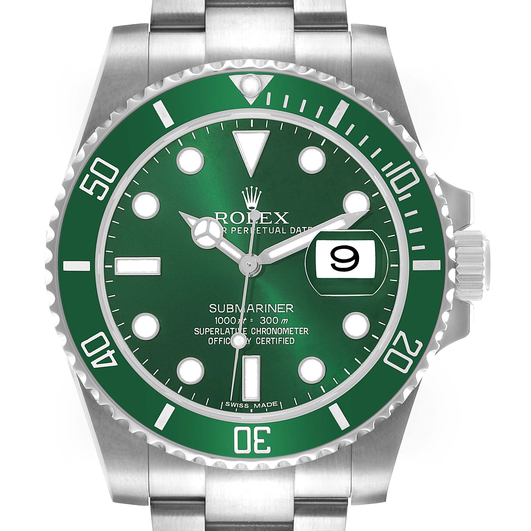 The Rolex Submariner 116610LV Men's Stainless Steel Green Dial watch is shown head-on, displaying the green dial, bezel, and part of the bracelet.