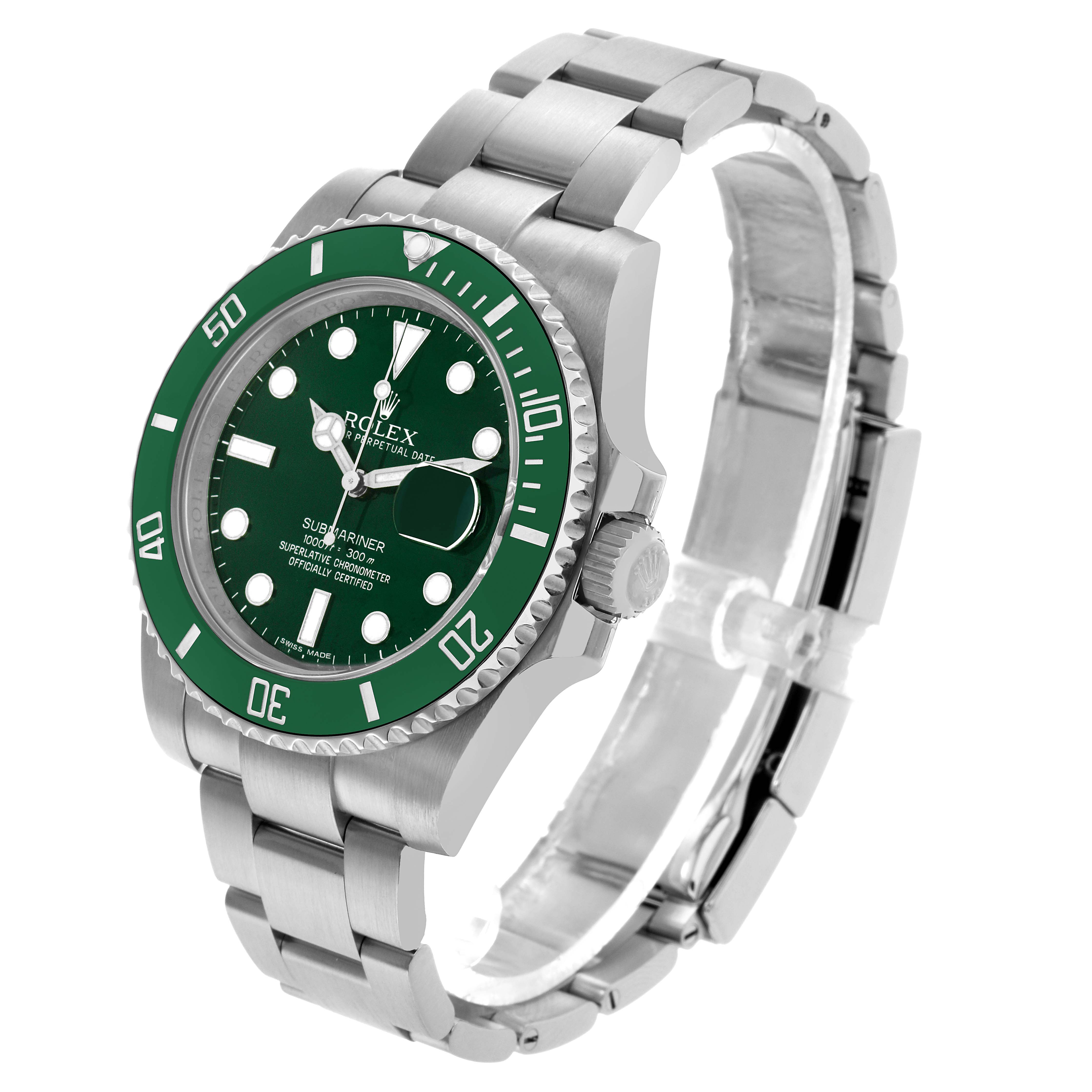 The Rolex Submariner 116610LV Men's Stainless Steel Green Dial is shown at a slight angle displaying the green bezel, dial, crown, and stainless steel bracelet.