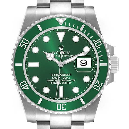 The Rolex Submariner 116610LV Men's Stainless Steel Green Dial watch is shown from a front angle, highlighting its green dial, bezel, and stainless steel bracelet.