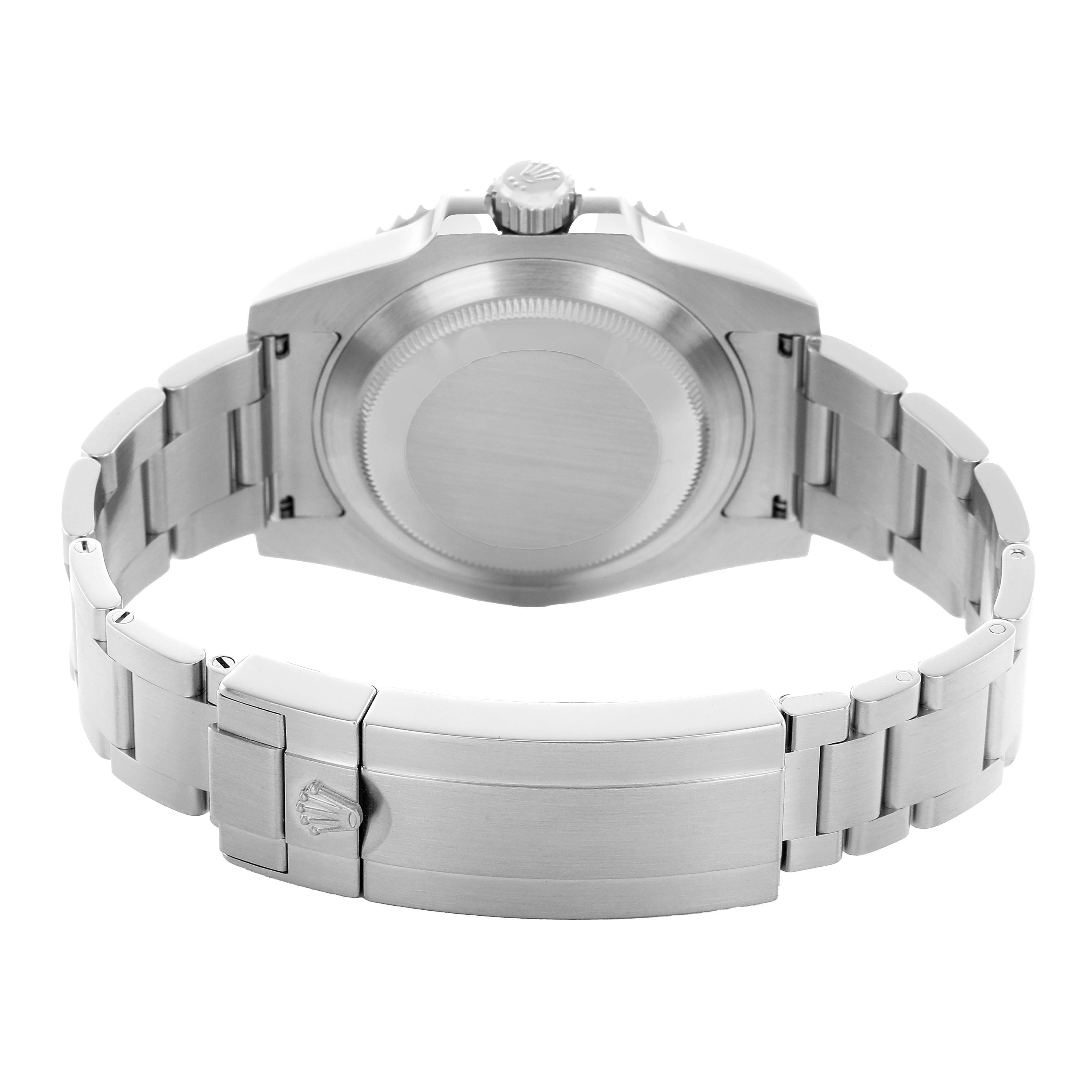 The image shows the back view of a Rolex Submariner 116610LV Men's Stainless Steel Green Dial, highlighting its closed case back and metal bracelet clasp.