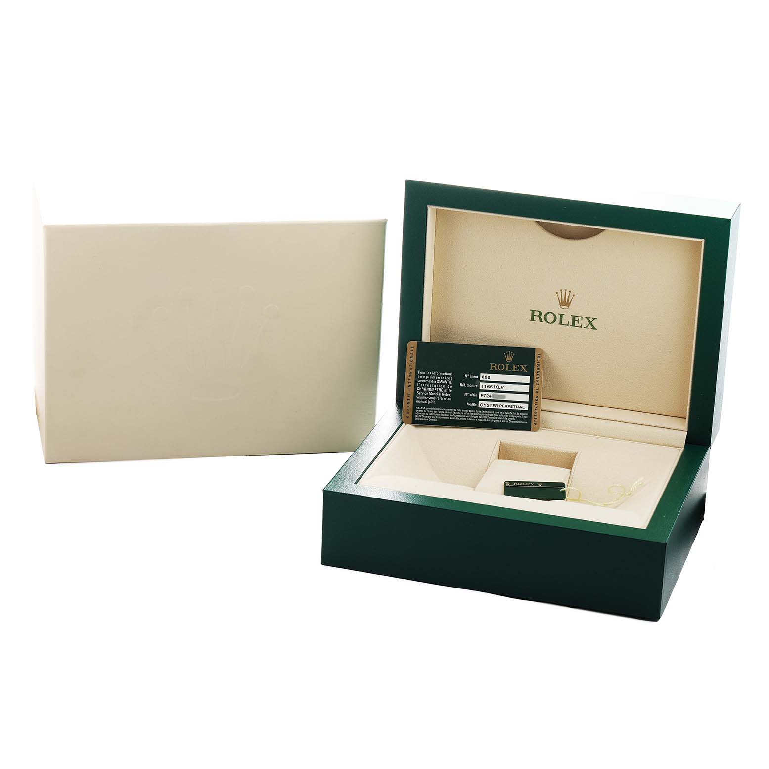 The image shows the packaging and warranty card for a Rolex Submariner 116610LV Men's Stainless Steel Green Dial, including a box with an insert and branding.