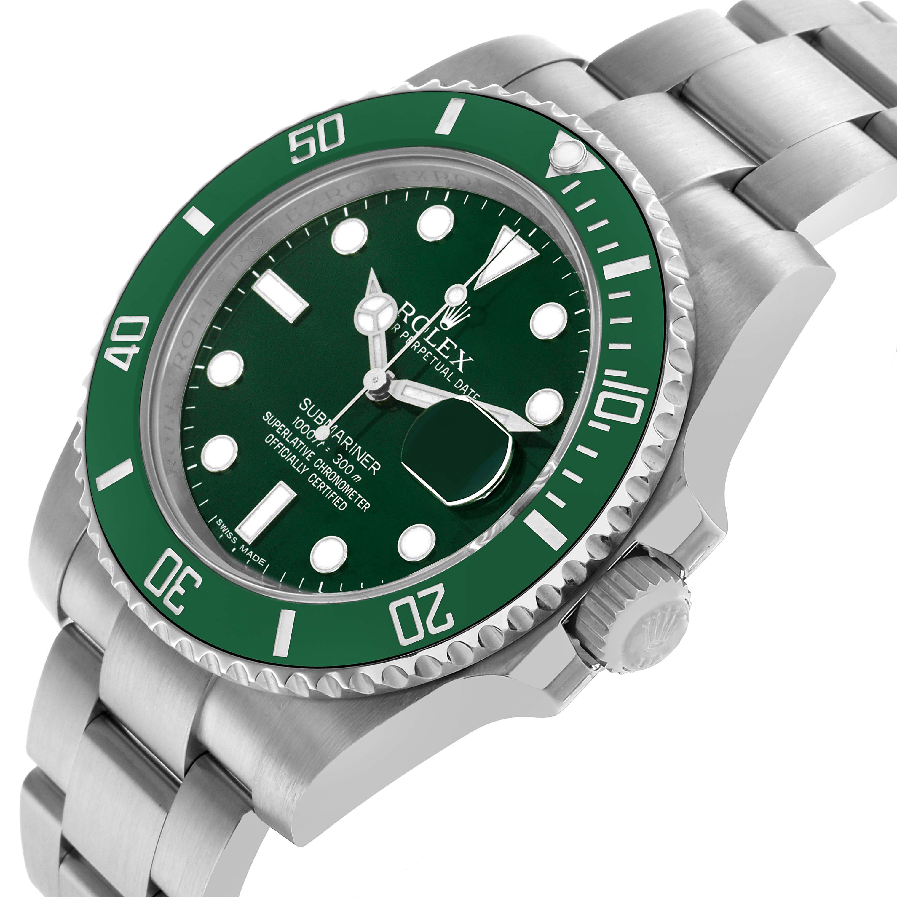 The Rolex Submariner 116610LV Men's Stainless Steel Green Dial watch is shown from a three-quarter angle highlighting the green bezel, dial, cyclops lens, and bracelet.