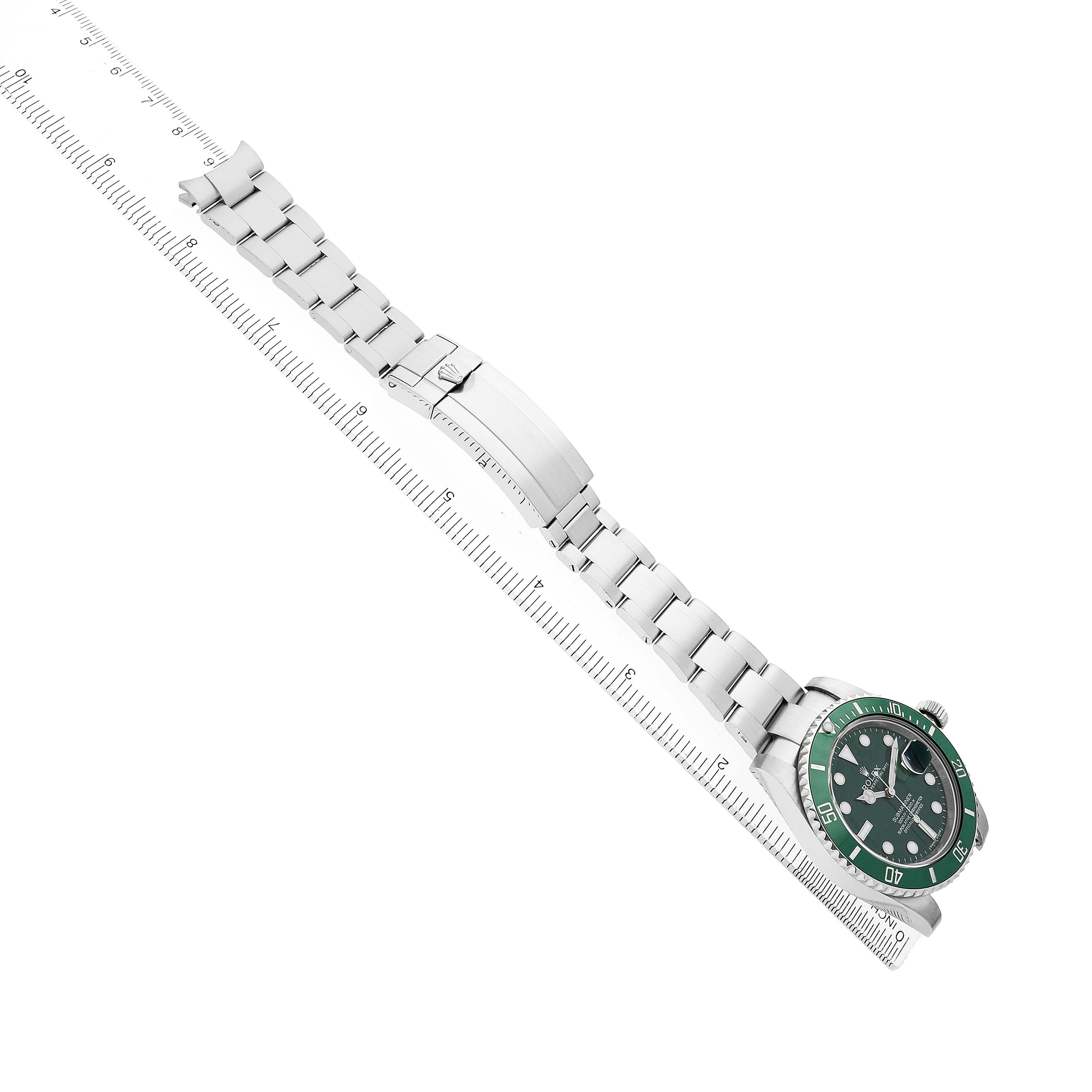 The Rolex Submariner 116610LV Men's Stainless Steel Green Dial watch is shown at a diagonal angle, highlighting the full length of the bracelet and the green bezel.