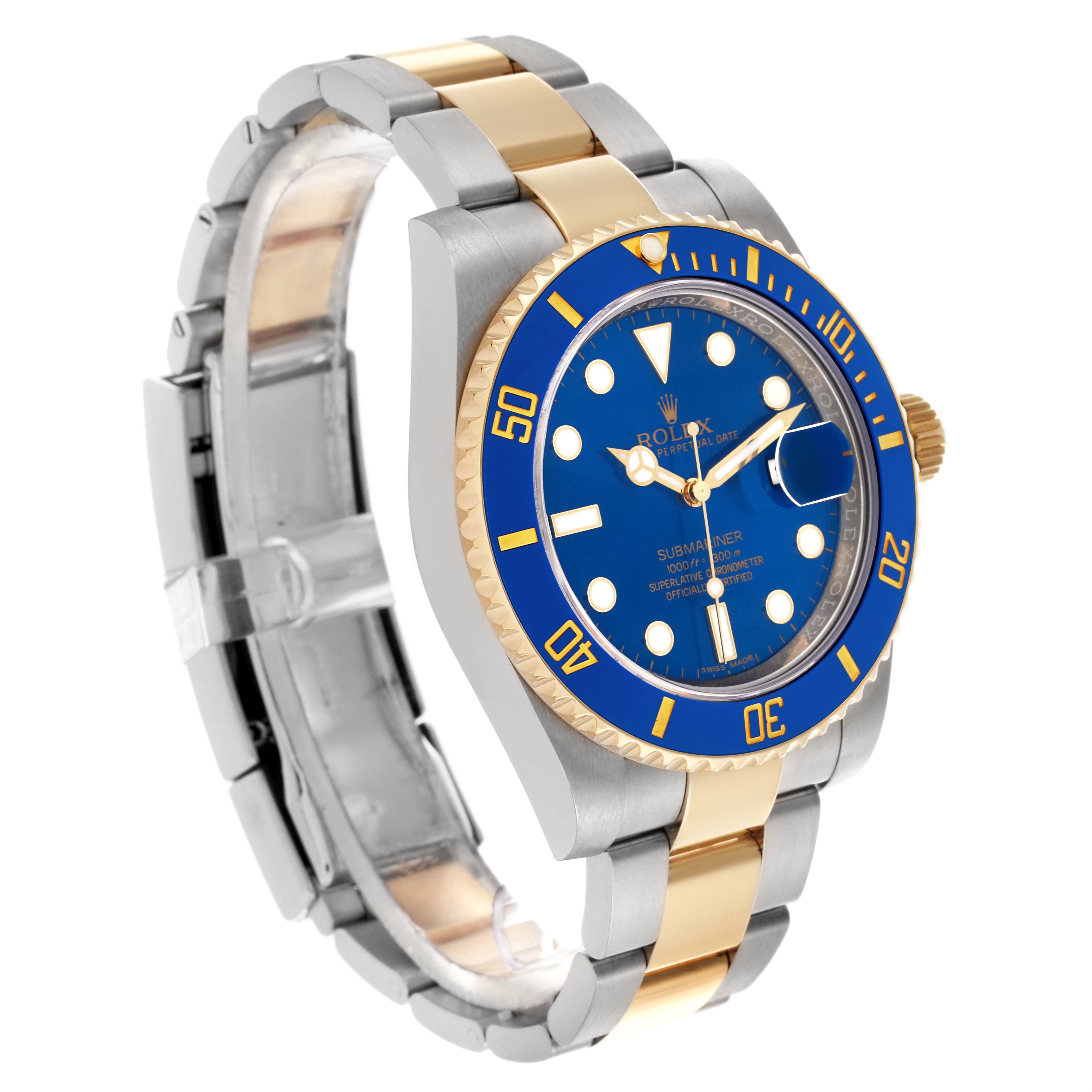 The Rolex Submariner 116613LB Men's Steel and Gold (two tone) Blue Dial 116613LB Men's Steel and Gold (two tone) Blue Dial watch is shown at a side angle, highlighting its blue dial, bezel, and two-tone metal bracelet.