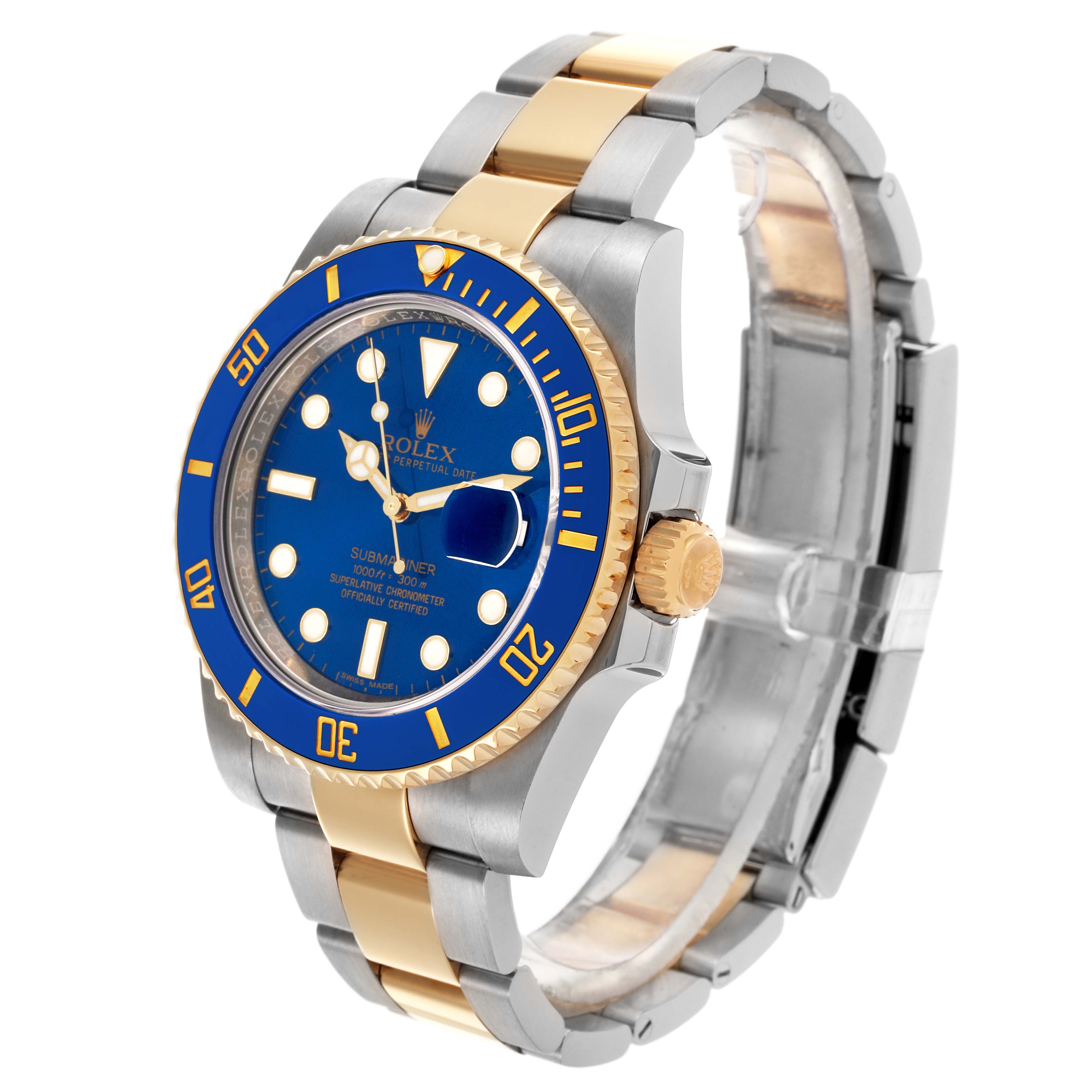 The Rolex Submariner 116613LB Men's Steel and Gold (two tone) Blue Dial 116613LB Men's Steel and Gold (two tone) Blue Dial is shown at an angled side view, displaying the bezel, dial, crown, and part of the bracelet.