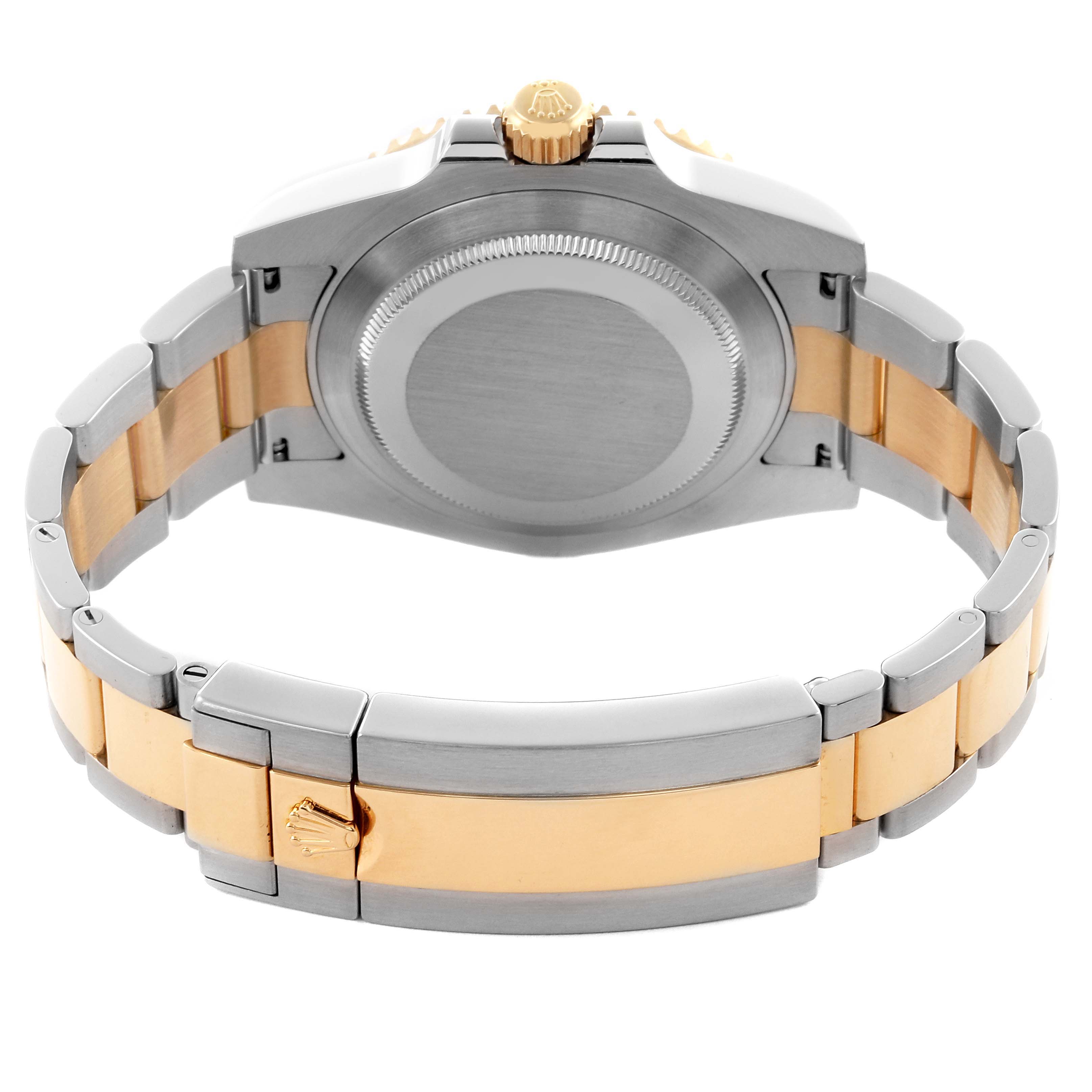 The image shows the back of the Rolex Submariner 116613LB Men's Steel and Gold (two tone) Blue Dial 116613LB Men's Steel and Gold (two tone) Blue Dial, highlighting its clasp and bracelet.