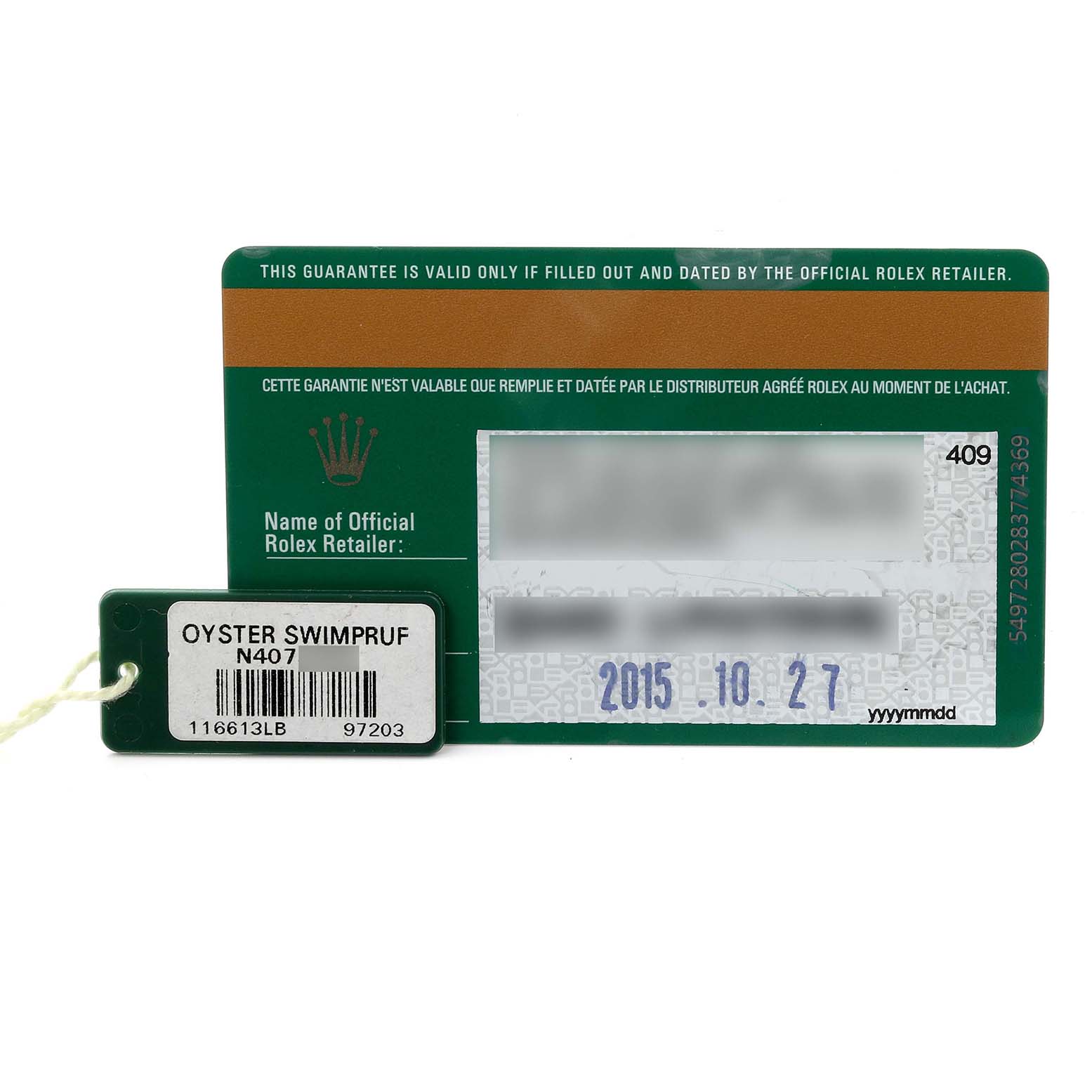 The image shows a warranty card and tag for a Rolex Submariner 116613LB Men's Steel and Gold (two tone) Blue Dial 116613LB Men's Steel and Gold (two tone) Blue Dial, displaying model details and date of purchase.