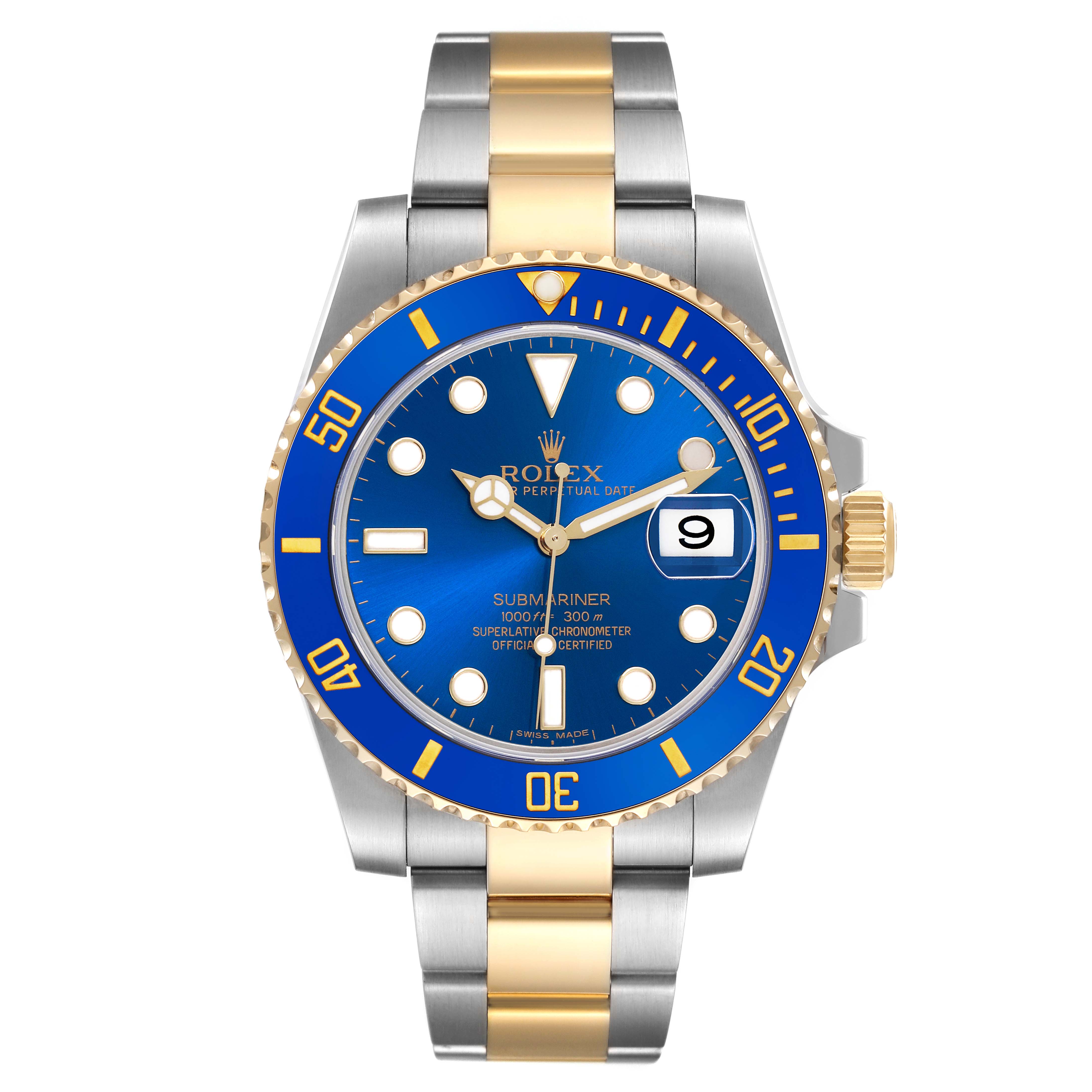 The Rolex Submariner 116613LB Men's Steel and Gold (two tone) Blue Dial 116613LB Men's Steel and Gold (two tone) Blue Dial watch is shown from a front angle, displaying the dial, bezel, bracelet, and crown.