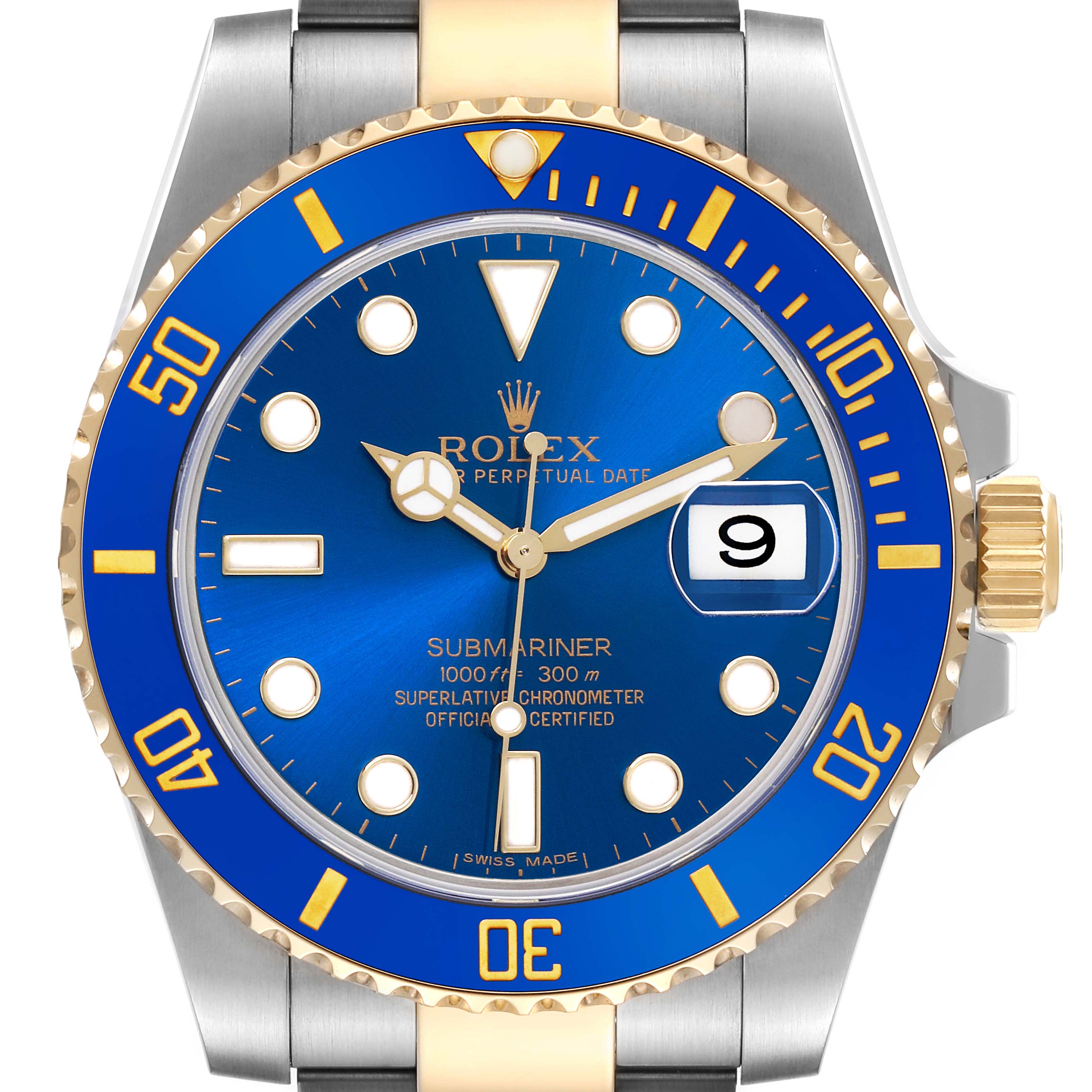 The Rolex Submariner 116613LB Men's Steel and Gold (two tone) Blue Dial 116613LB Men's Steel and Gold (two tone) Blue Dial is shown from a top view, highlighting the blue and gold bezel, dial, and part of the bracelet.