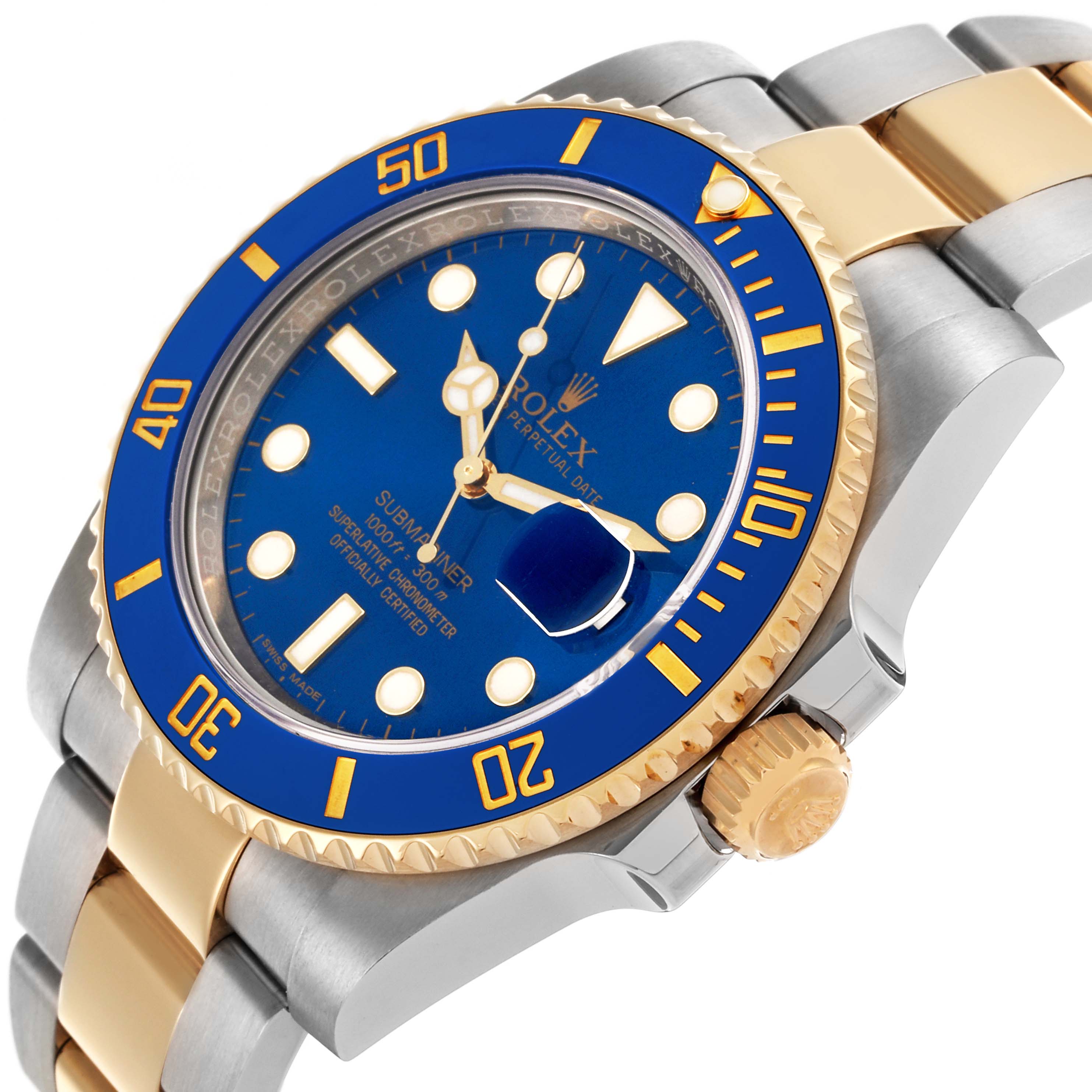 The Rolex Submariner 116613LB Men's Steel and Gold (two tone) Blue Dial 116613LB Men's Steel and Gold (two tone) Blue Dial is shown at an angle highlighting the blue dial, gold bezel, and part of the bracelet.