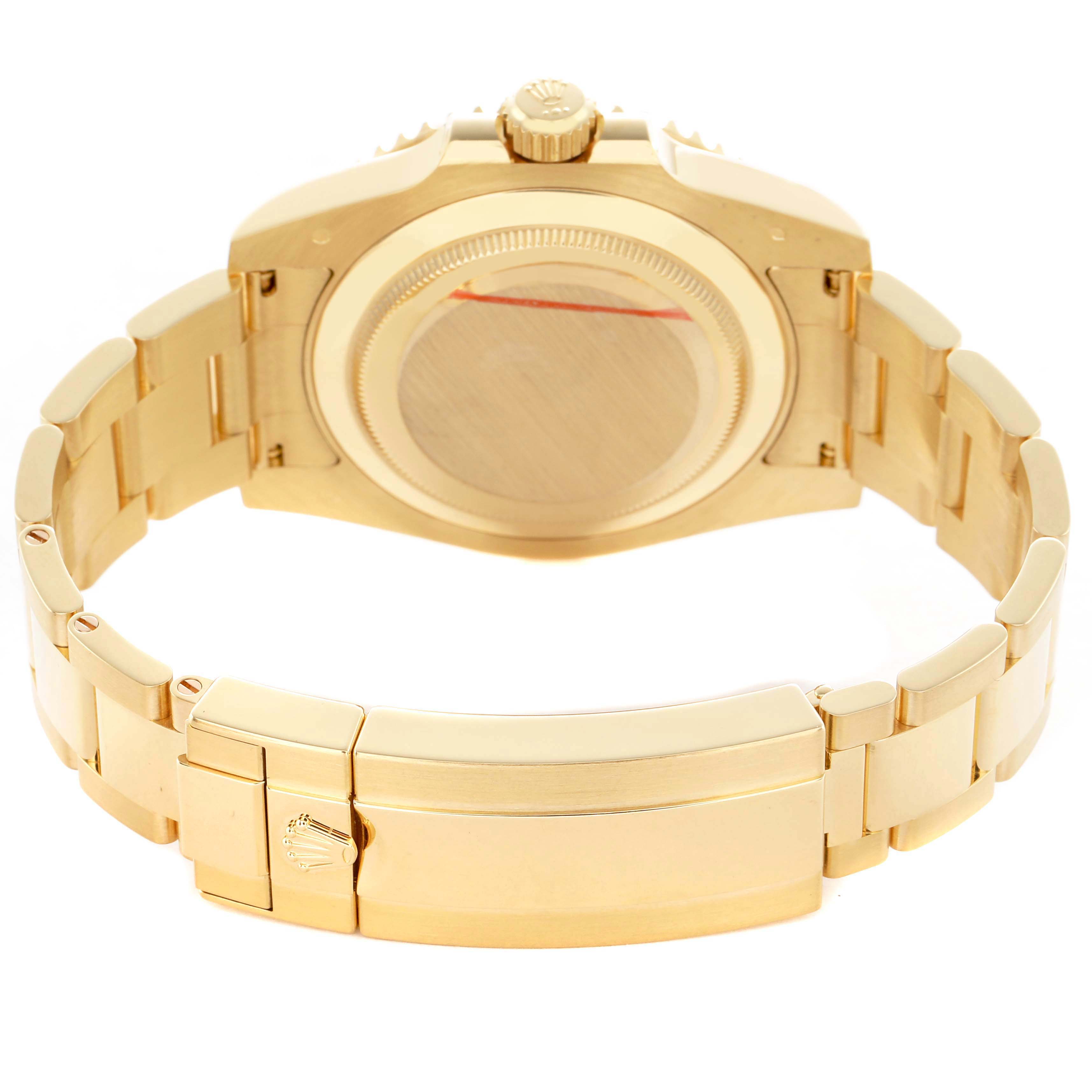 The image shows the back of a Rolex Submariner 116618LN Men's Yellow Gold Black Dial, highlighting its clasp, bracelet, and case back.